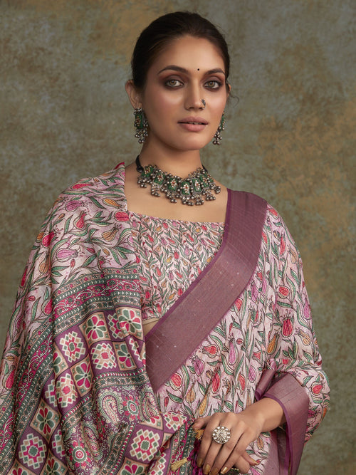 Amazing Pink Digital Printed Silk Festival Wear Saree With Blouse