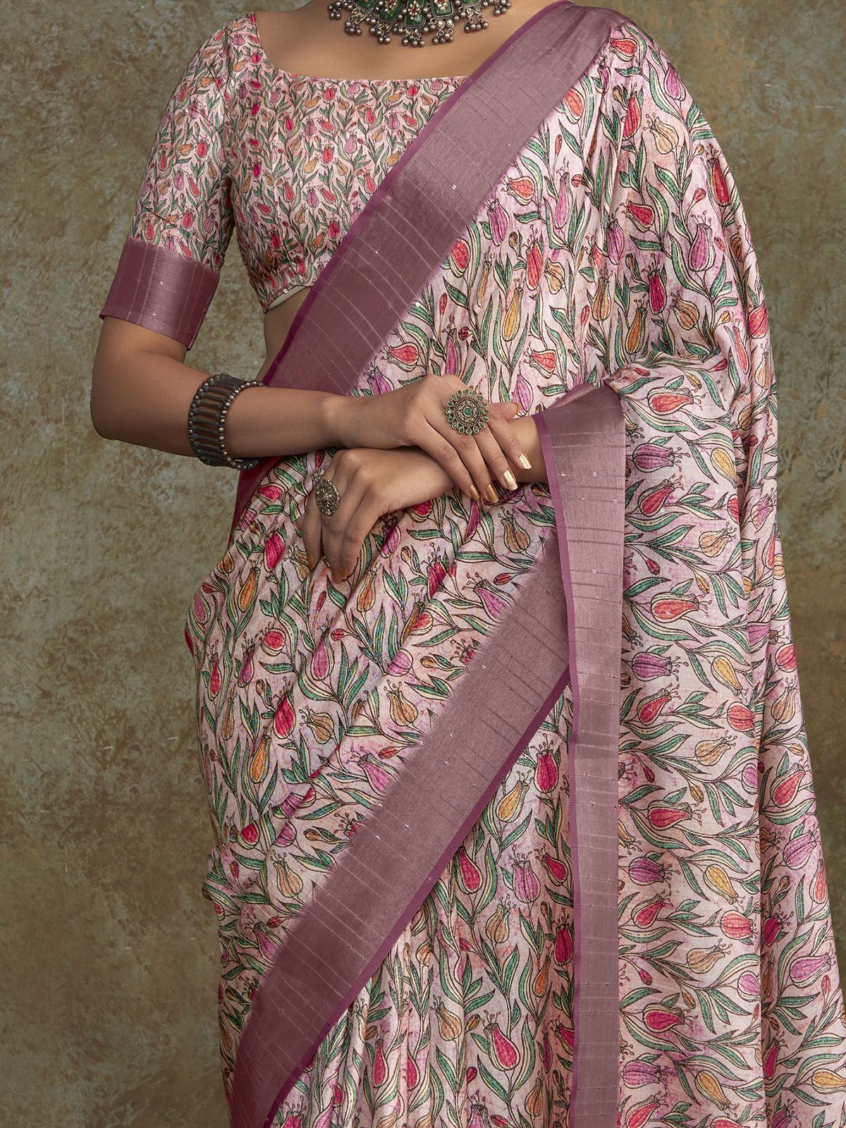 Amazing Pink Digital Printed Silk Festival Wear Saree With Blouse