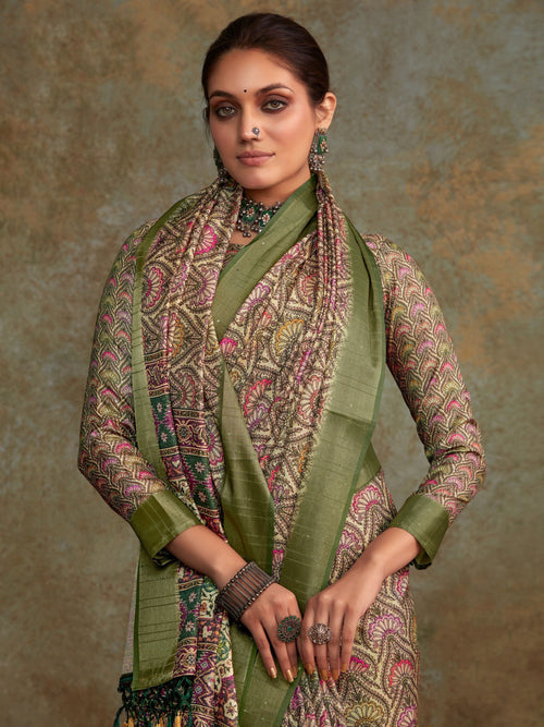 Alluring Sea Green Digital Printed Silk Festival Wear Saree With Blouse
