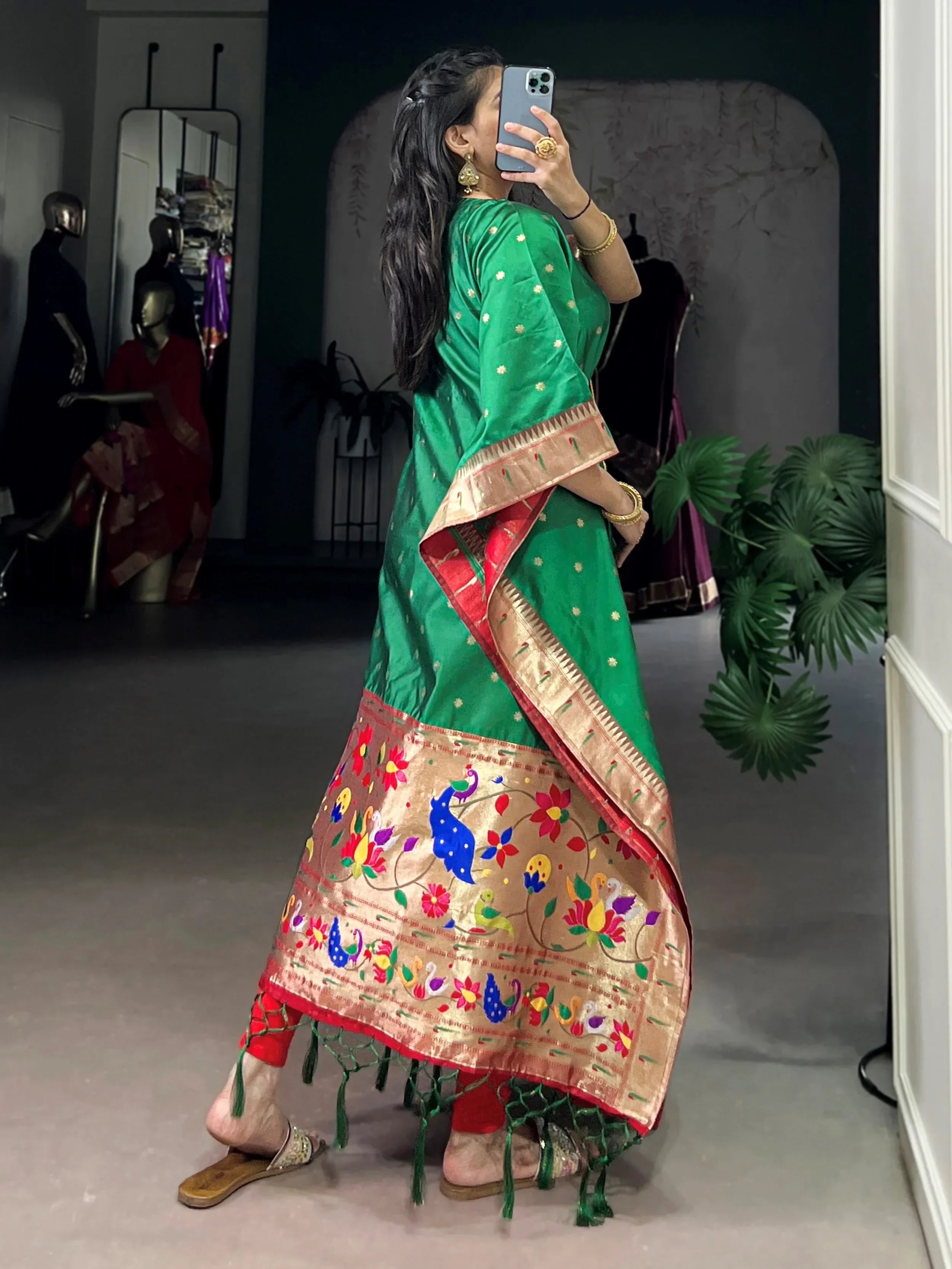 Green Glowing Zari Weaving jacquard Festive Wear Kaftan
