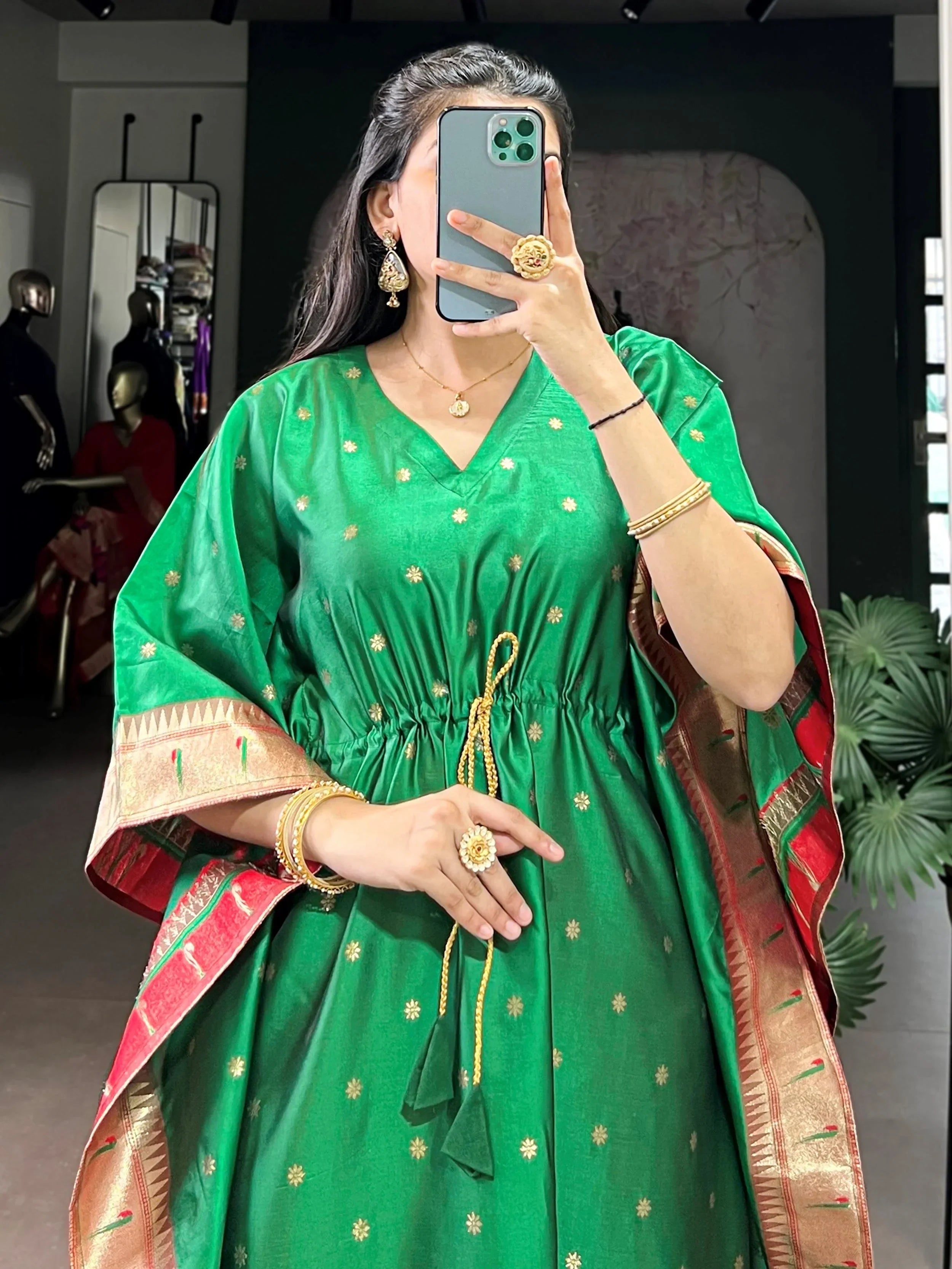Green Glowing Zari Weaving jacquard Festive Wear Kaftan