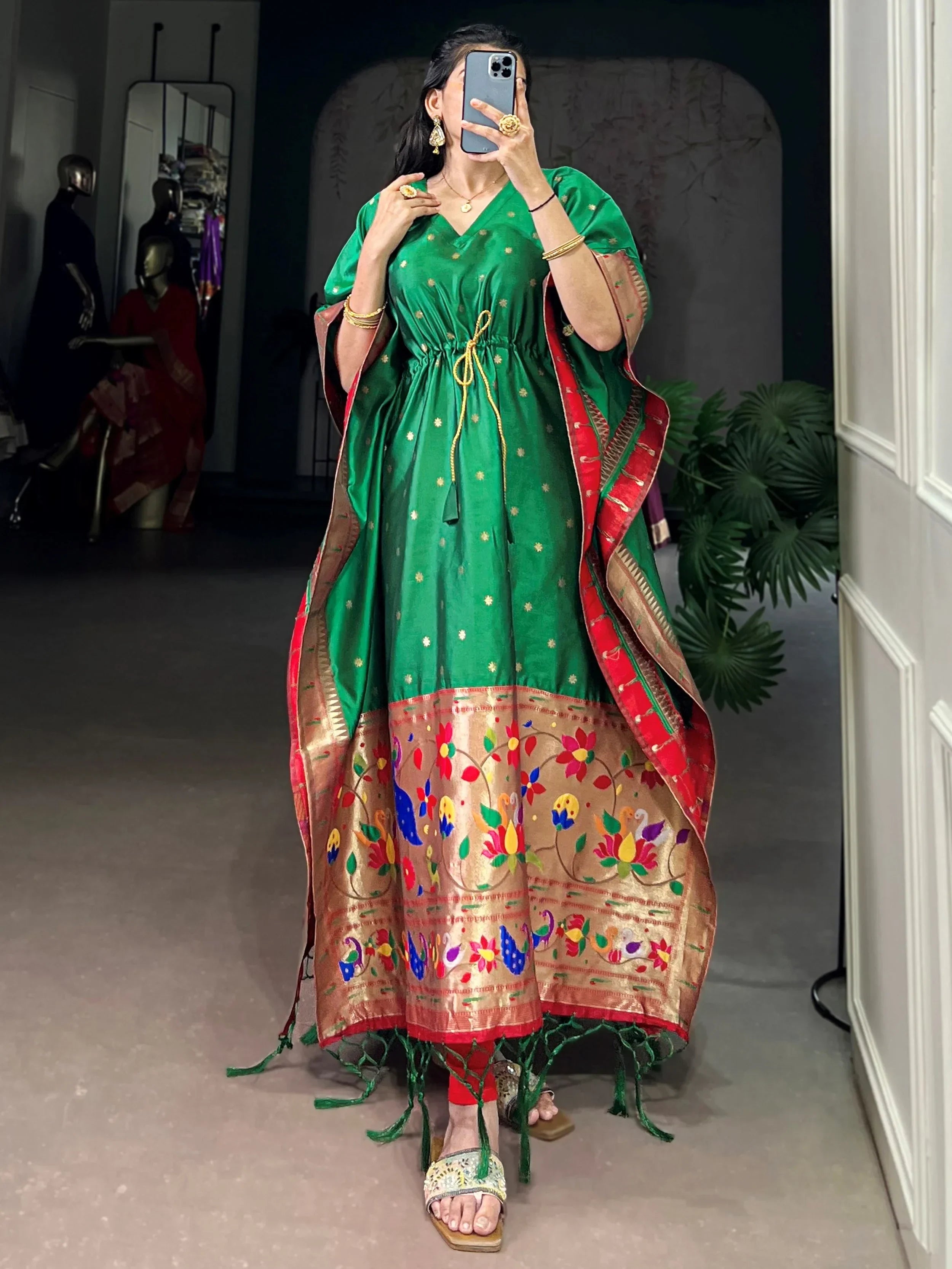 Green Glowing Zari Weaving jacquard Festive Wear Kaftan