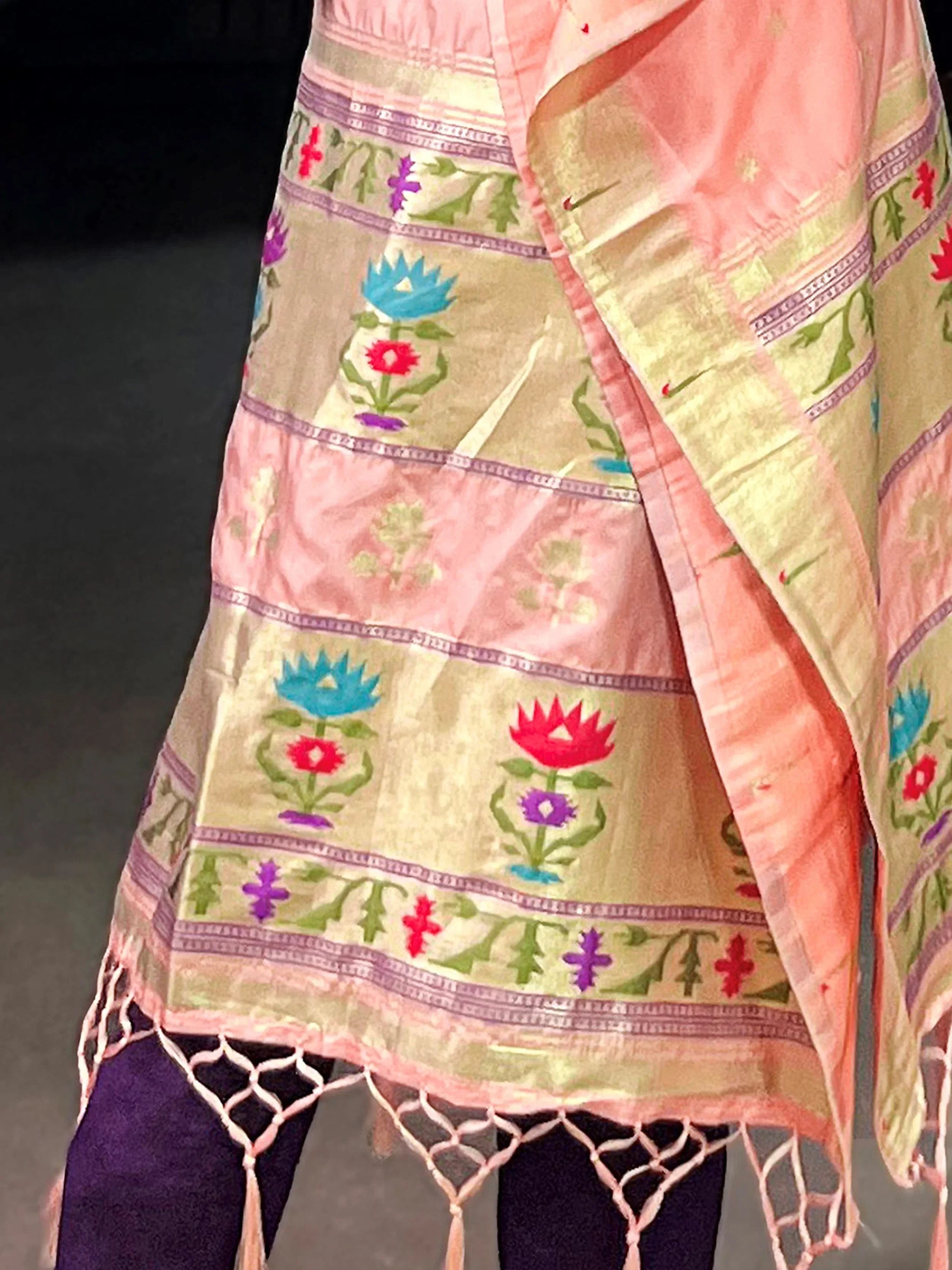 Peach Glowing Zari Weaving jacquard Festive Wear Kaftan