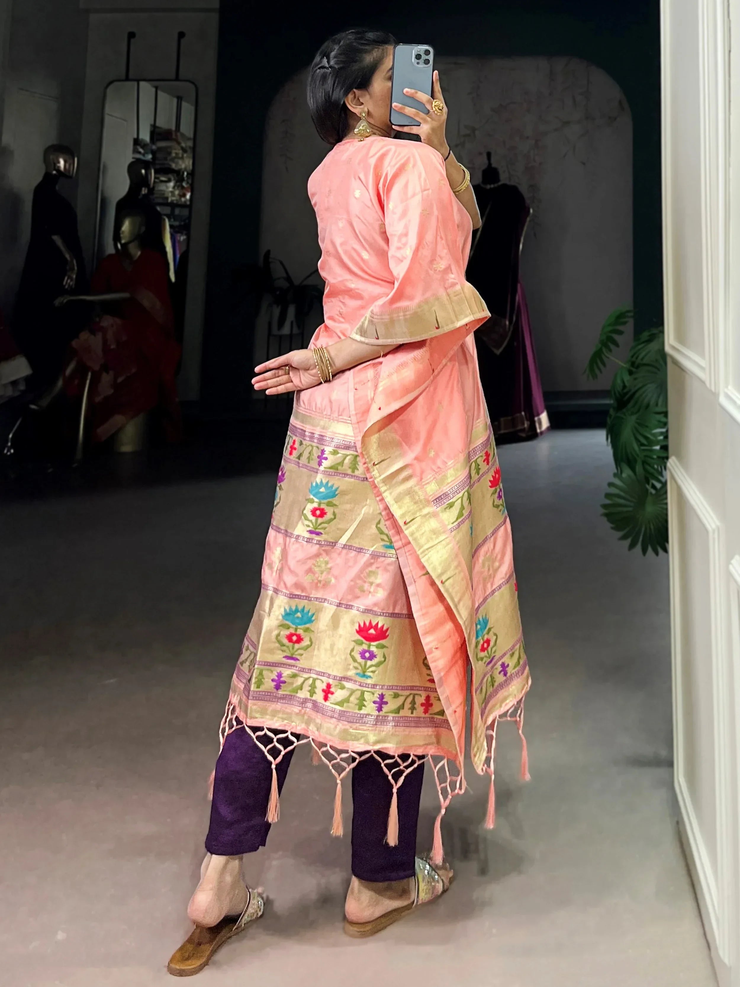 Peach Glowing Zari Weaving jacquard Festive Wear Kaftan