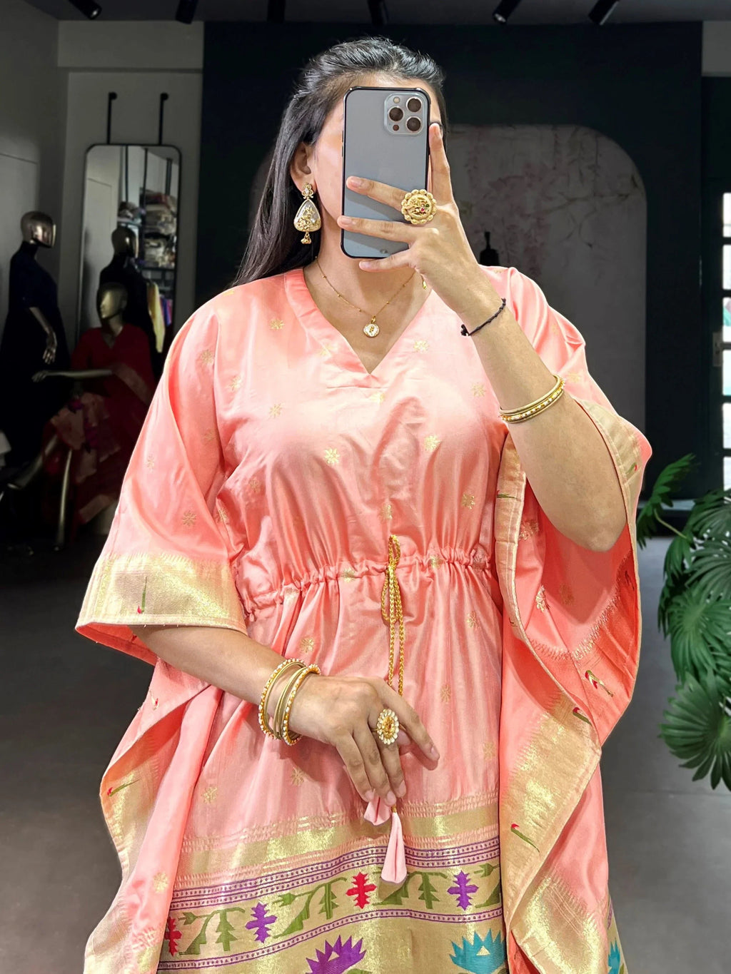 Peach Glowing Zari Weaving jacquard Festive Wear Kaftan