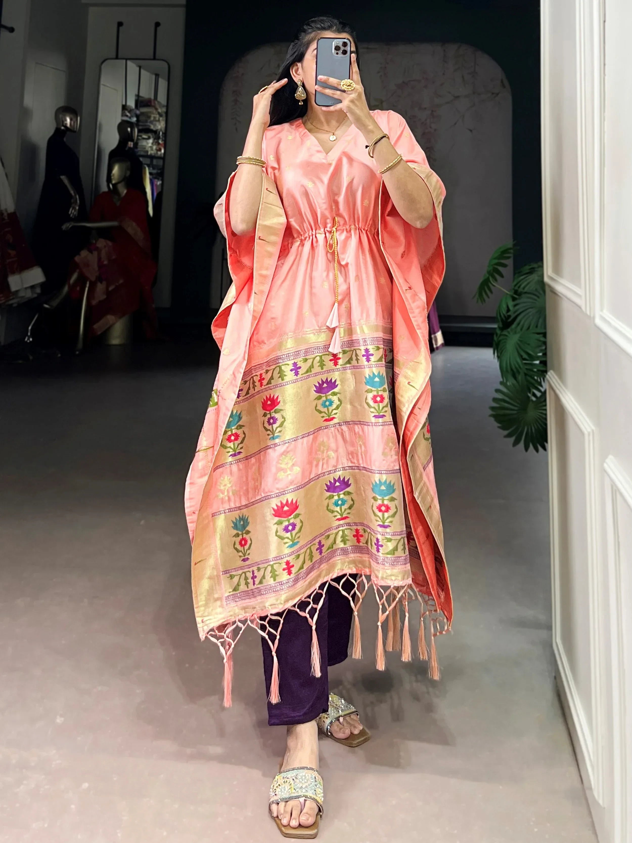 Peach Glowing Zari Weaving jacquard Festive Wear Kaftan