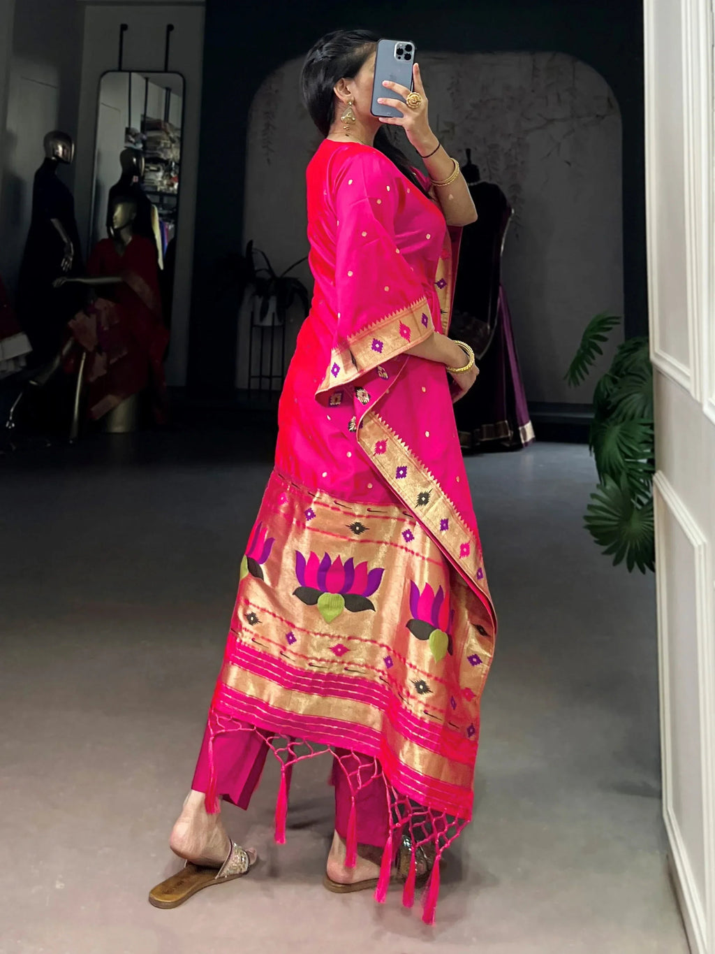 Pink Glowing Zari Weaving jacquard Festive Wear Kaftan