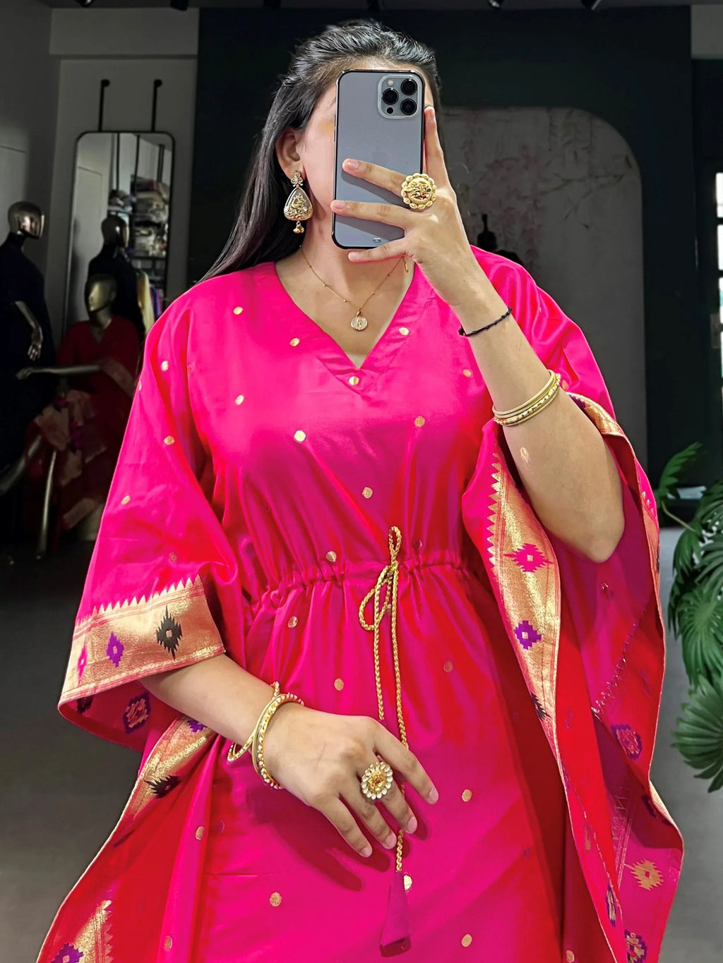 Pink Glowing Zari Weaving jacquard Festive Wear Kaftan