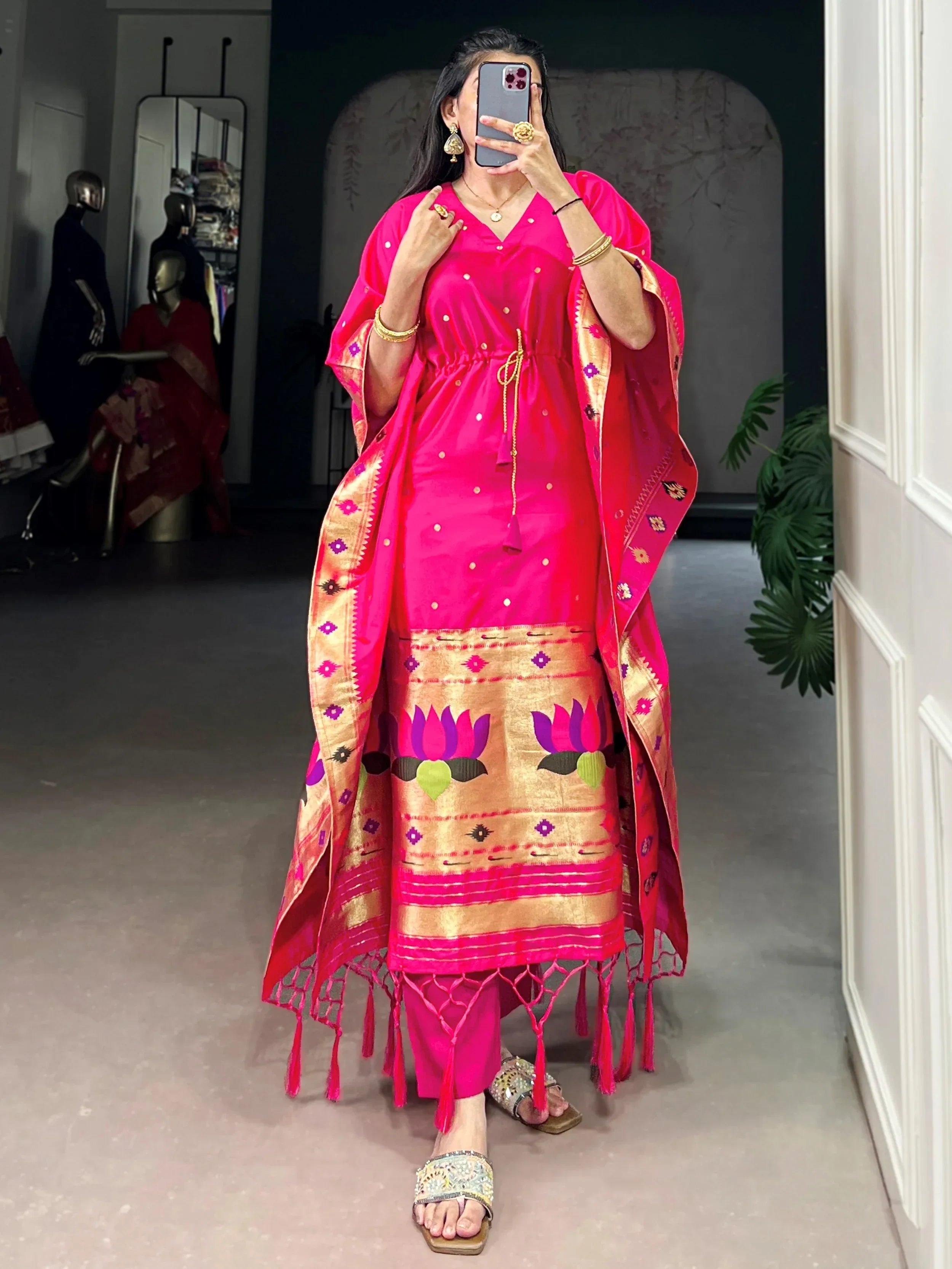 Pink Glowing Zari Weaving jacquard Festive Wear Kaftan