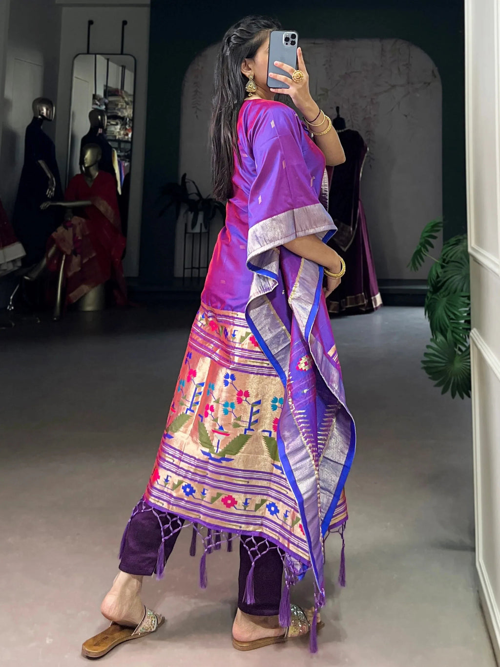 Purple Glowing Zari Weaving jacquard Festive Wear Kaftan