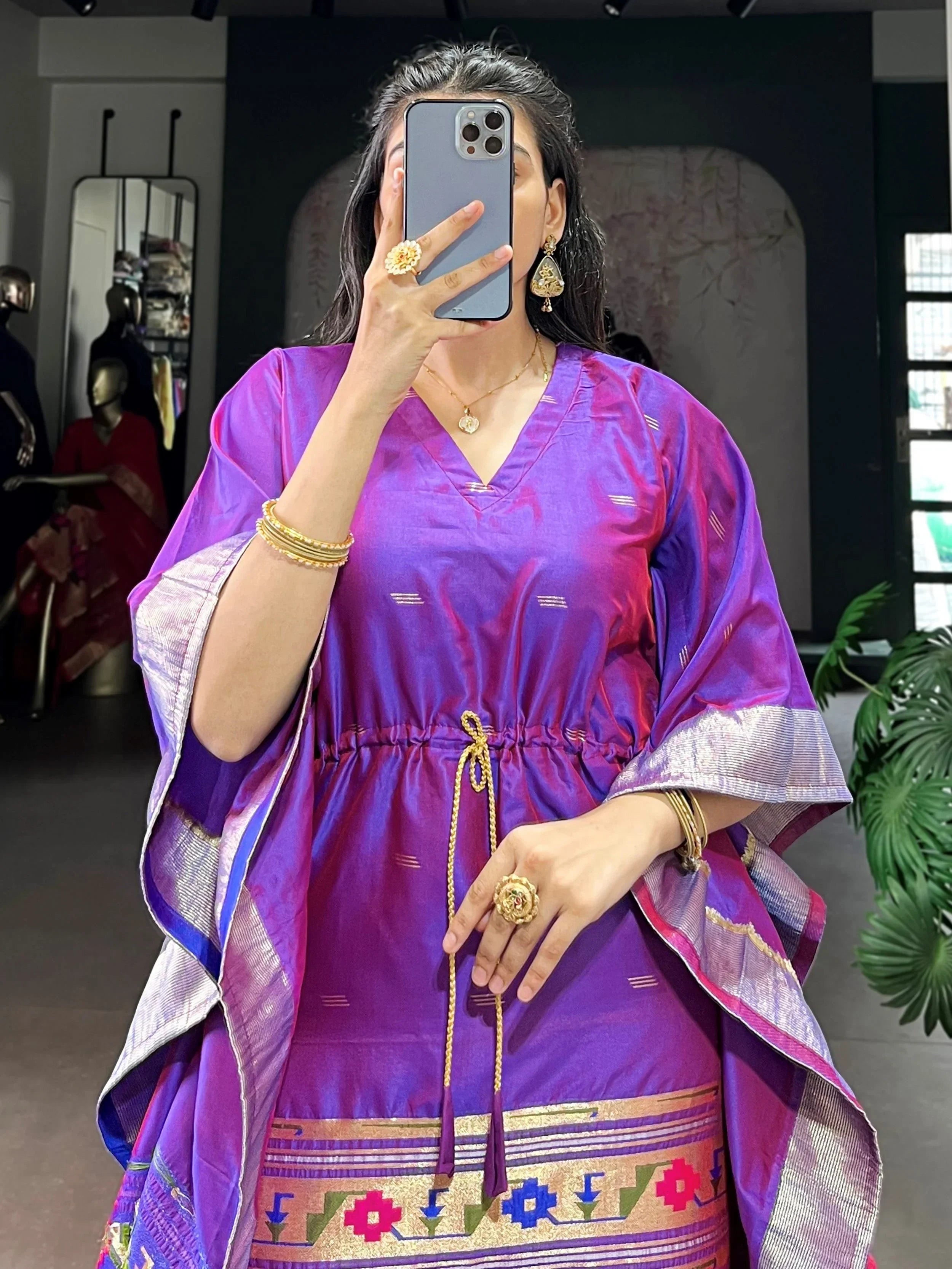 Purple Glowing Zari Weaving jacquard Festive Wear Kaftan