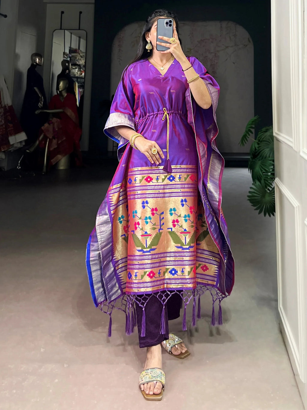 Purple Glowing Zari Weaving jacquard Festive Wear Kaftan