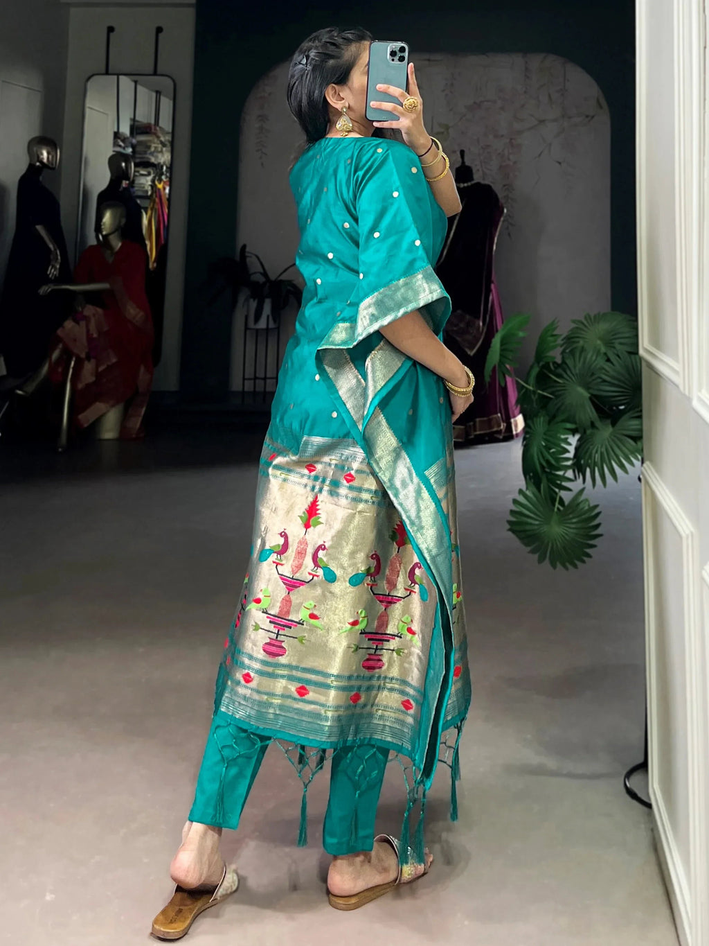 Teal Glowing Zari Weaving jacquard Festive Wear Kaftan