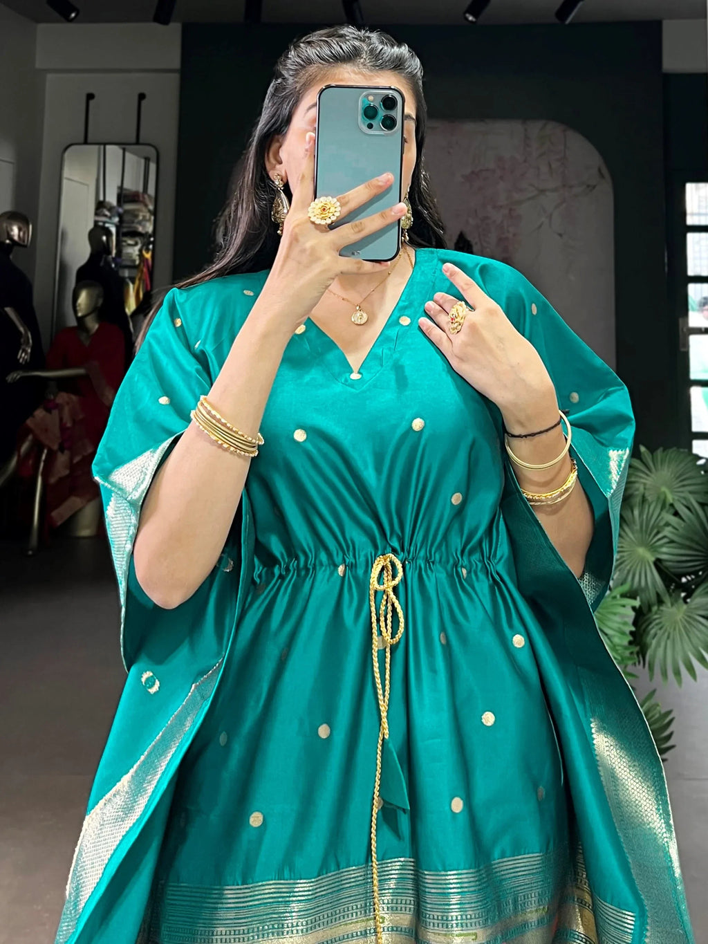 Teal Glowing Zari Weaving jacquard Festive Wear Kaftan