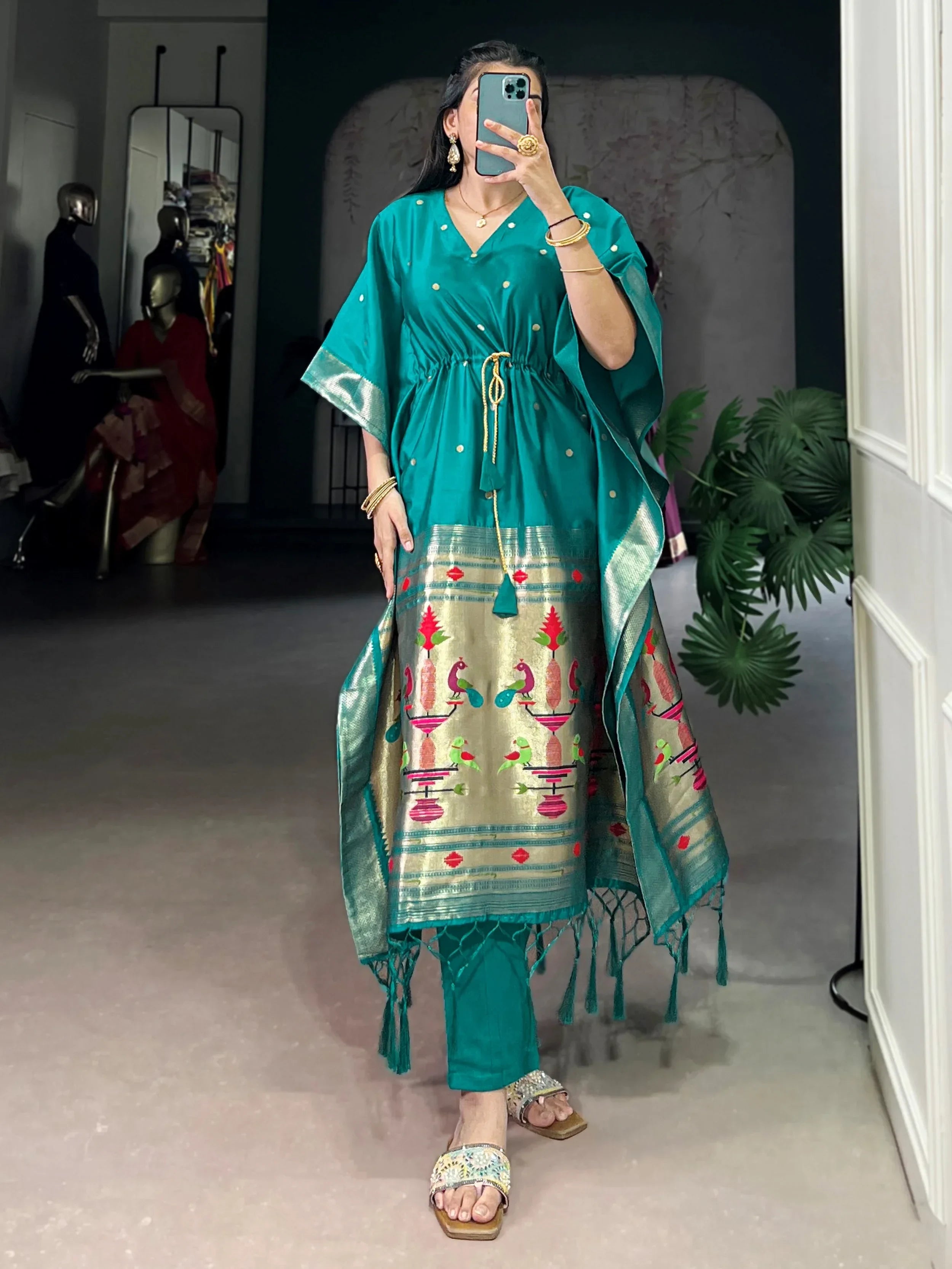 Teal Glowing Zari Weaving jacquard Festive Wear Kaftan