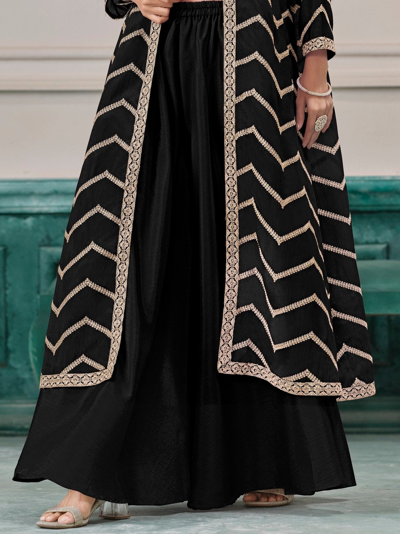 Black Chinon Salwar Kameez with Dori Work for Wedding, Reception, and Evening Wear
