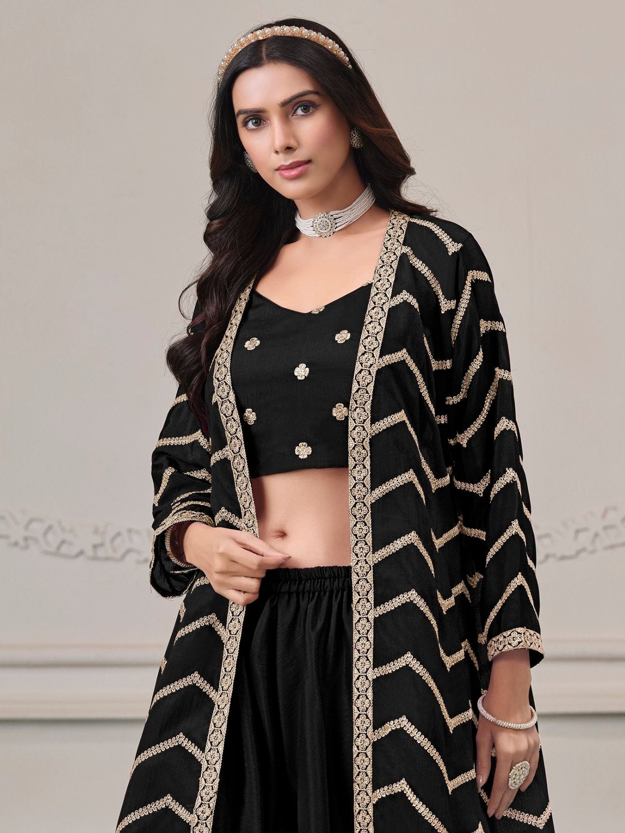 Black Chinon Salwar Kameez with Dori Work for Wedding, Reception, and Evening Wear