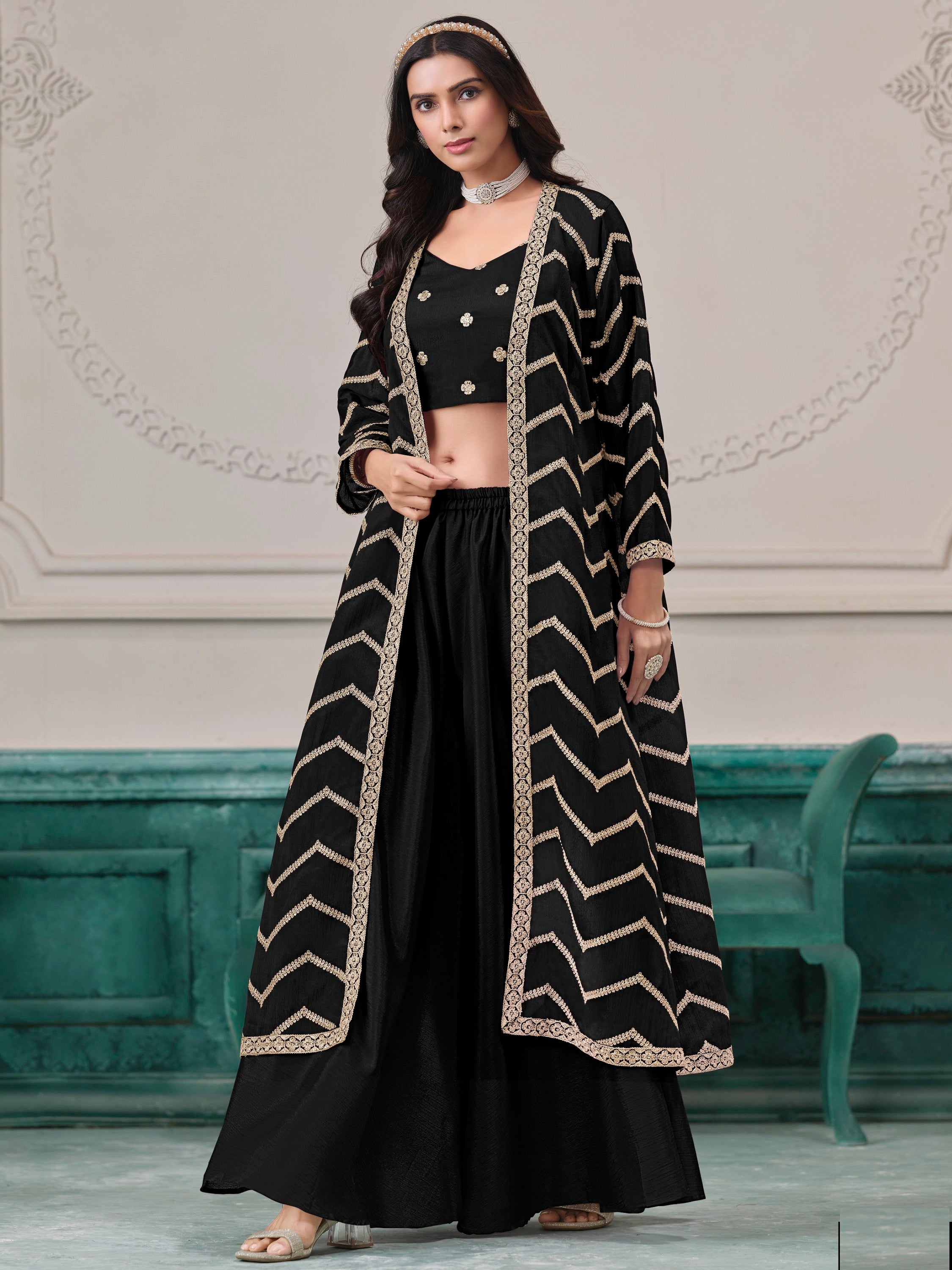 Black Chinon Salwar Kameez with Dori Work for Wedding, Reception, and Evening Wear