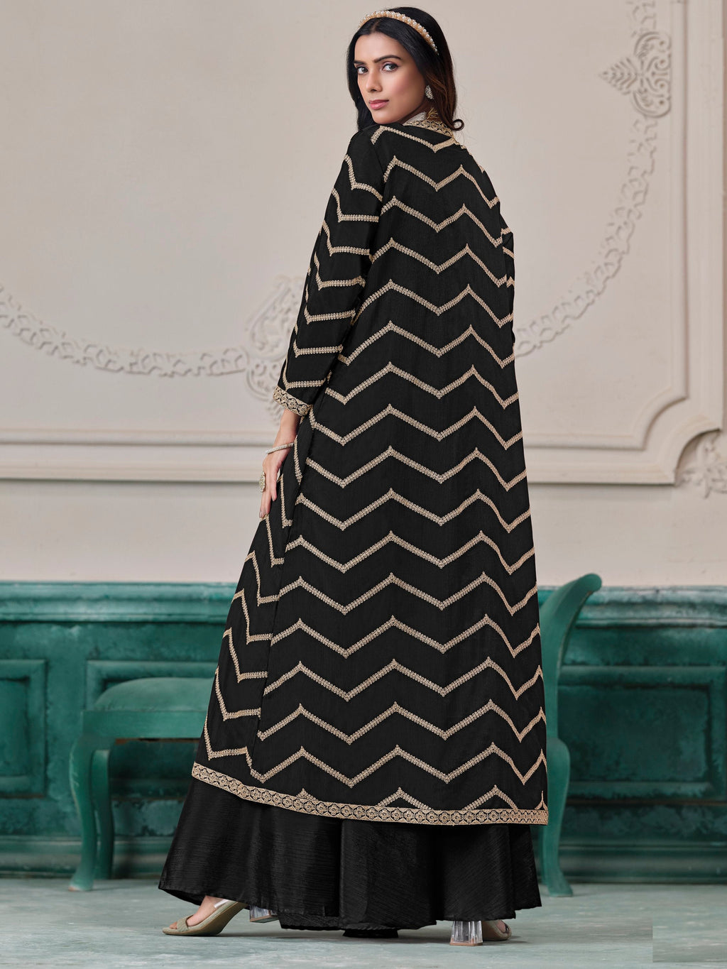 Black Chinon Salwar Kameez with Dori Work for Wedding, Reception, and Evening Wear
