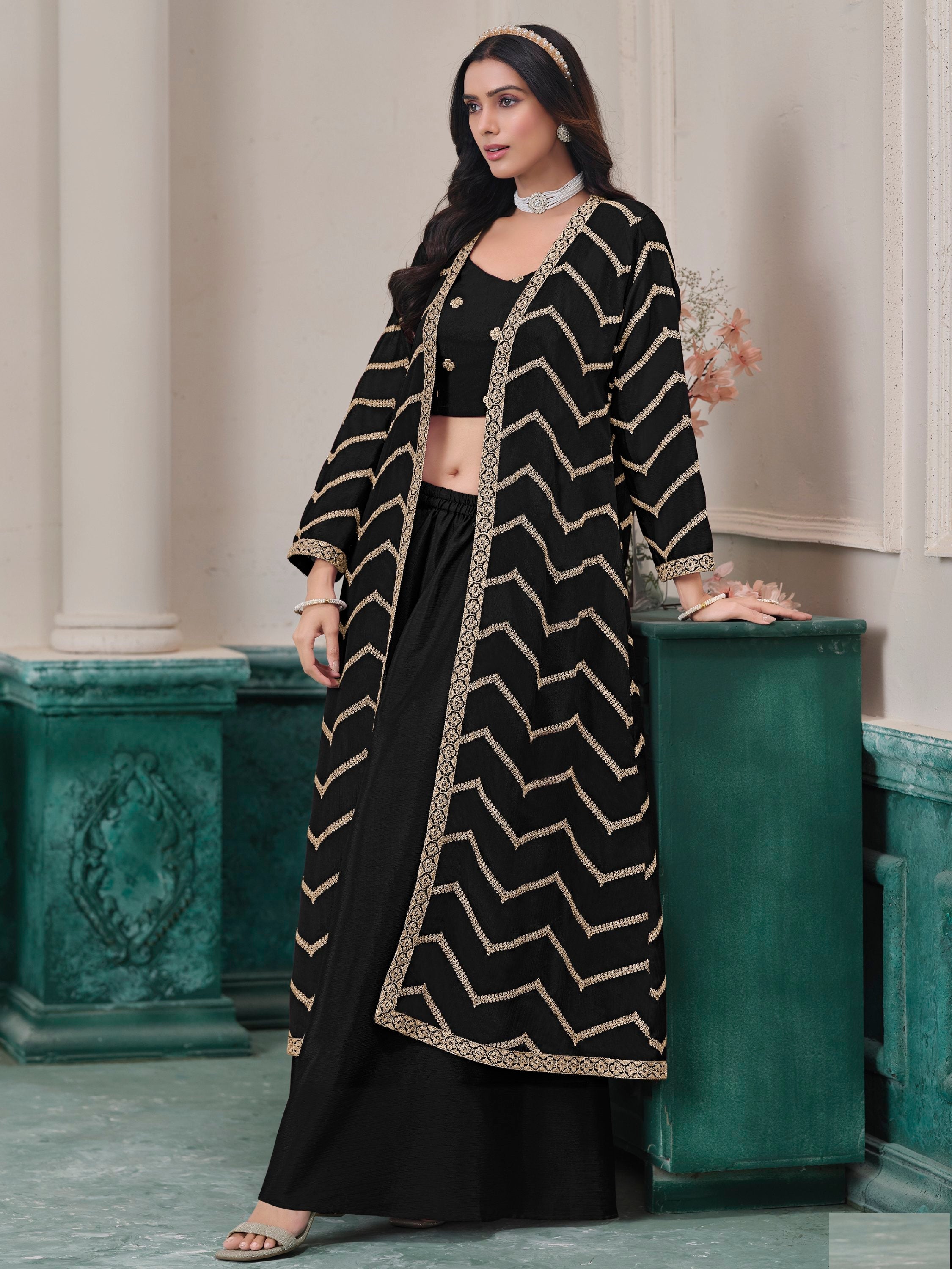 Black Chinon Salwar Kameez with Dori Work for Wedding, Reception, and Evening Wear