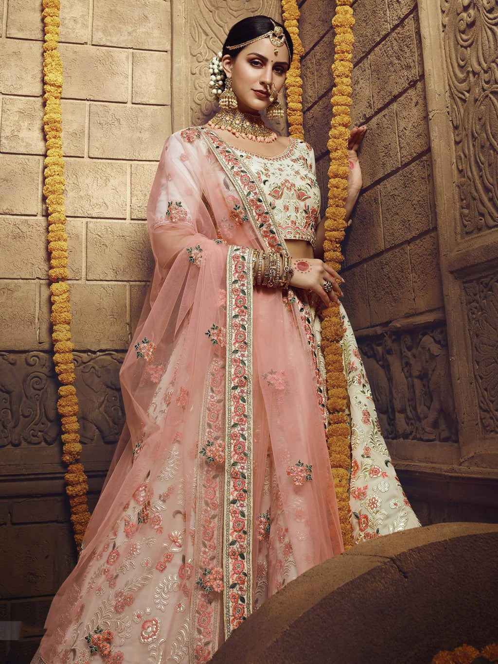 Alluring Off White Georgette Embroidered Bridesmaid Lehenga Choli