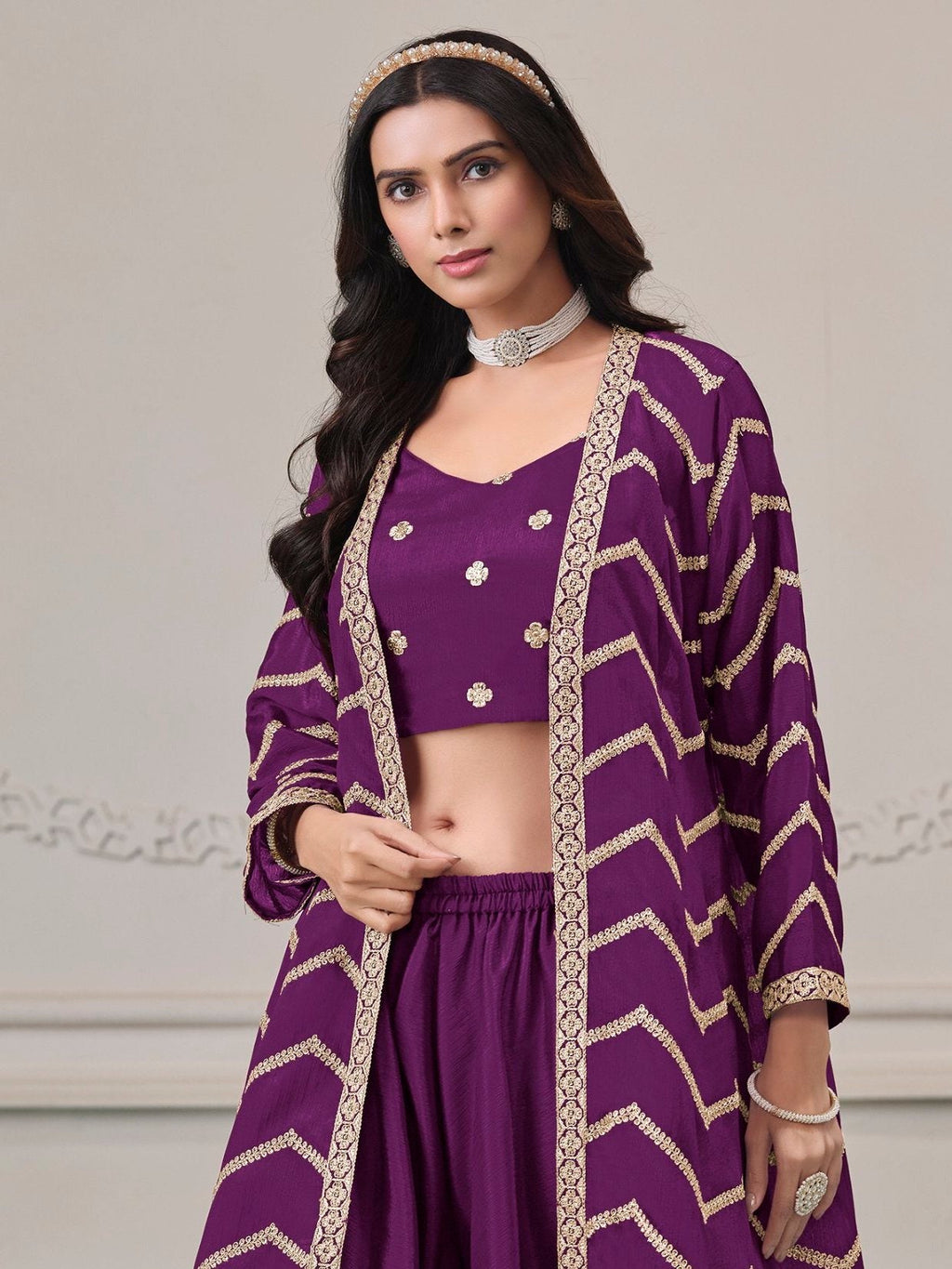 Purple Chinon Salwar Kameez with Dori Work for Wedding, Reception, and Evening Wear