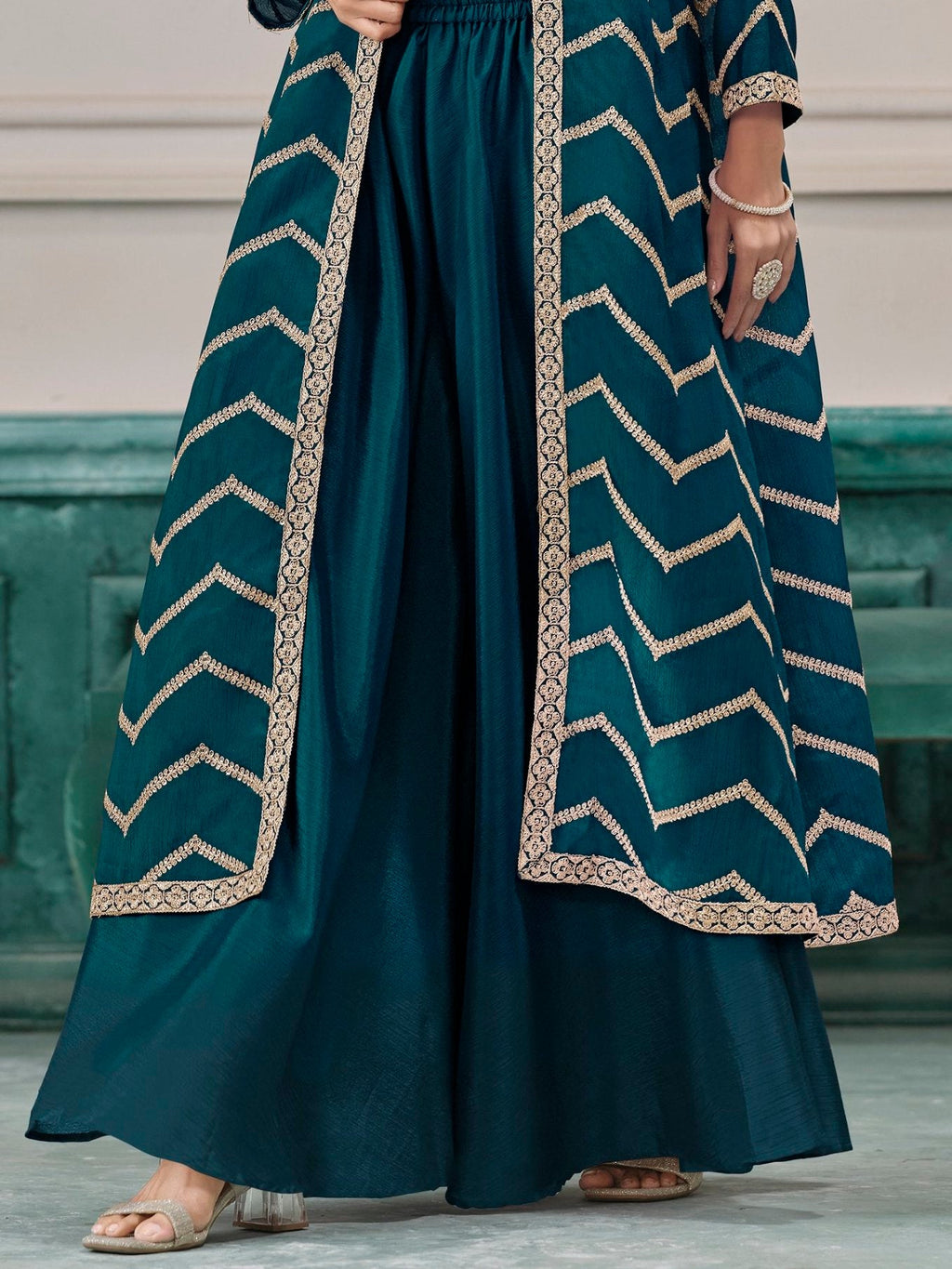 Teal Chinon Salwar Kameez with Dori Work for Wedding, Reception, and Evening Wear