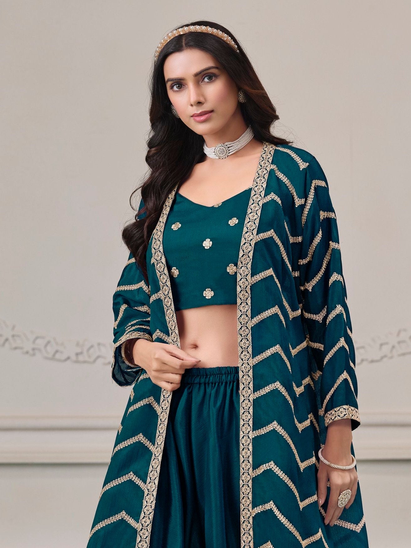 Teal Chinon Salwar Kameez with Dori Work for Wedding, Reception, and Evening Wear