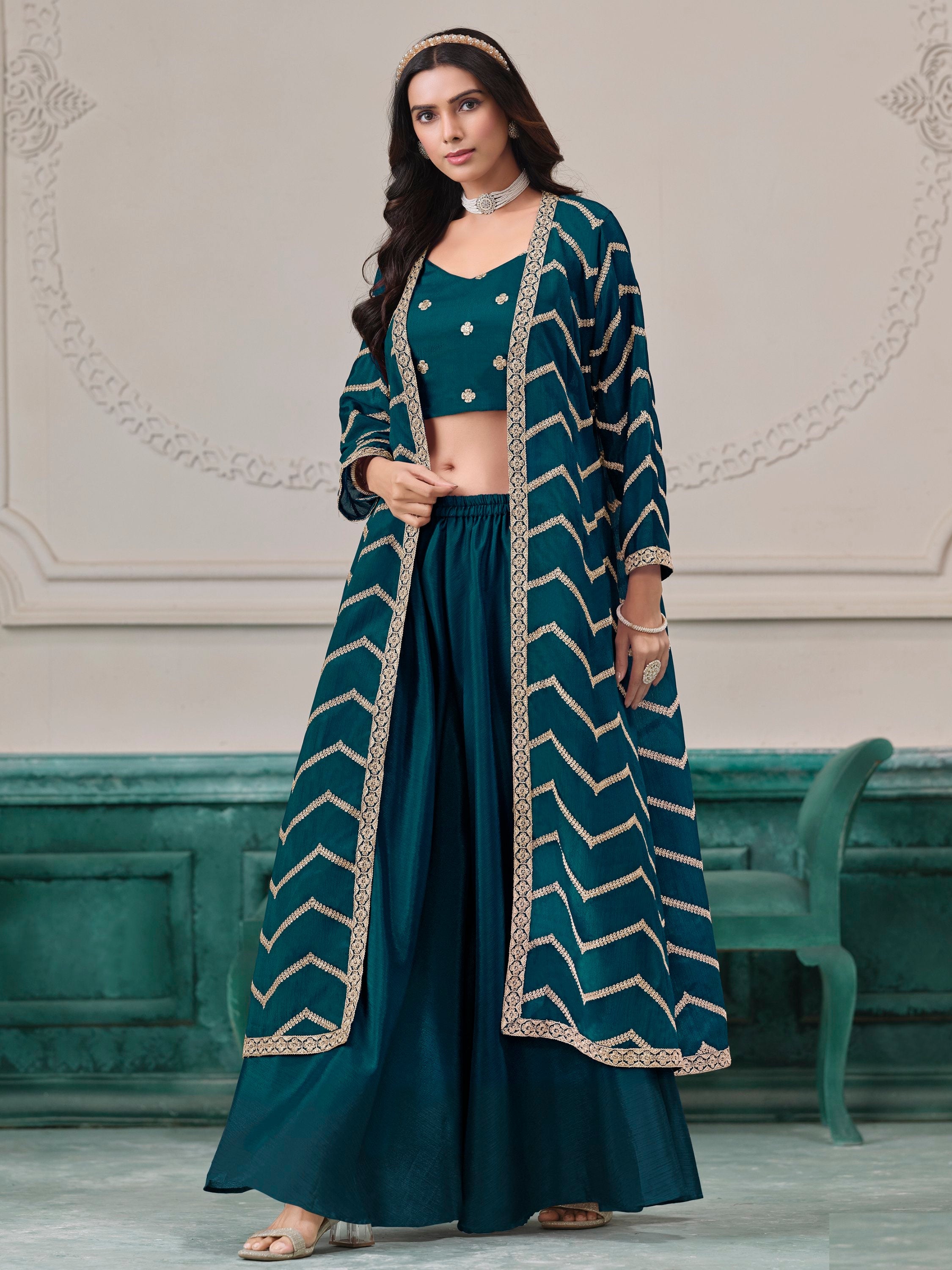 Teal Chinon Salwar Kameez with Dori Work for Wedding, Reception, and Evening Wear