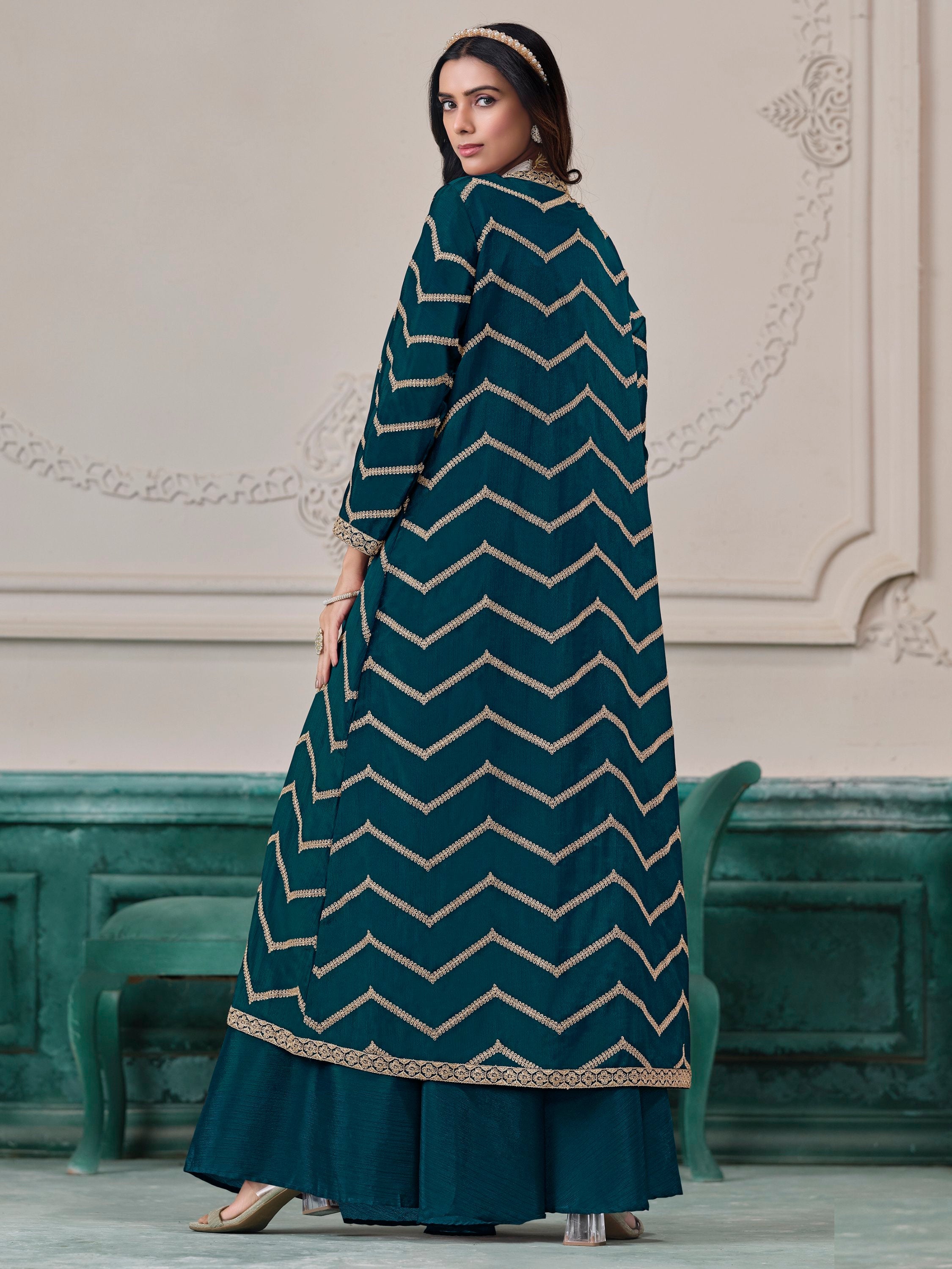 Teal Chinon Salwar Kameez with Dori Work for Wedding, Reception, and Evening Wear