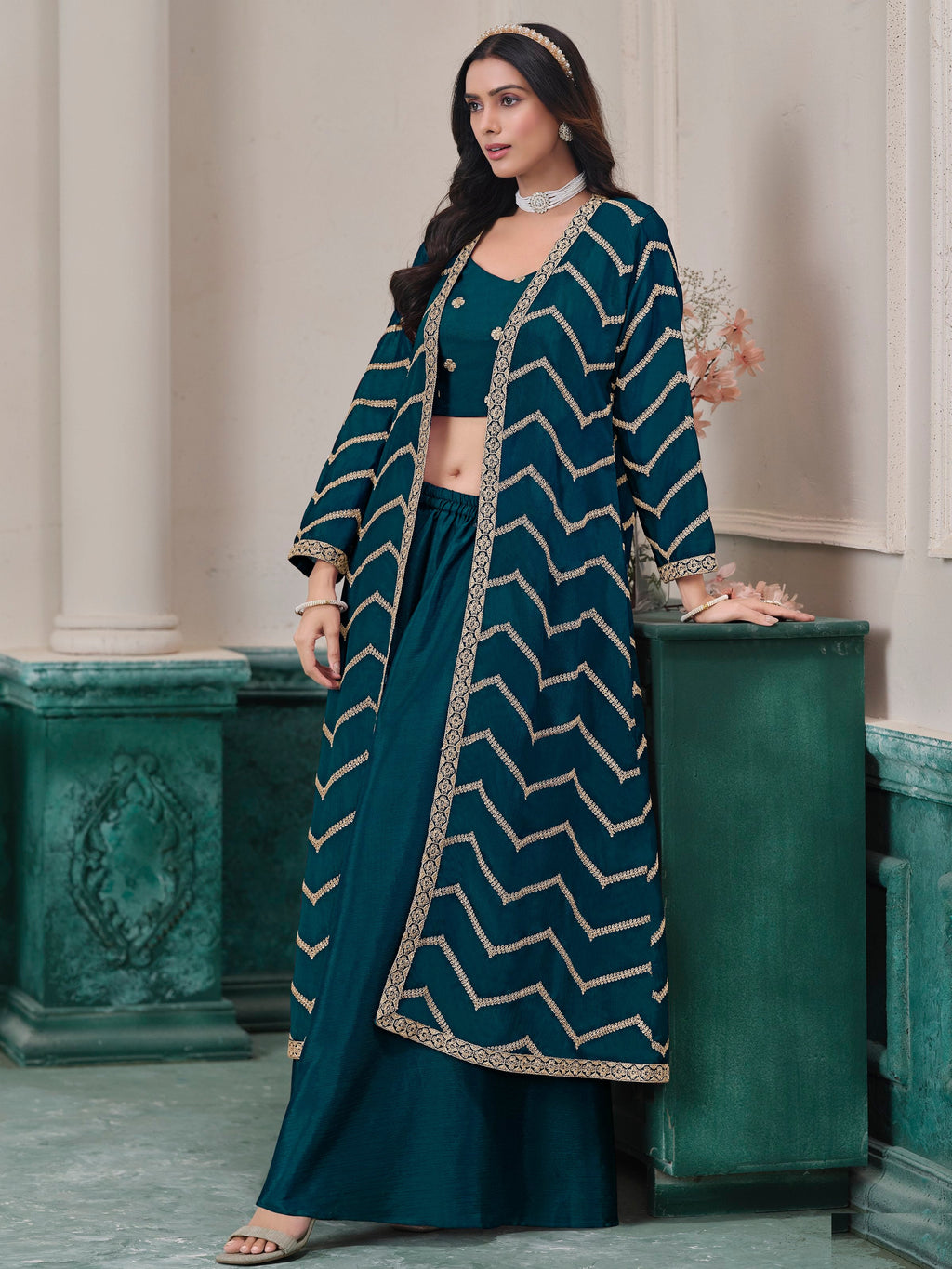Teal Chinon Salwar Kameez with Dori Work for Wedding, Reception, and Evening Wear