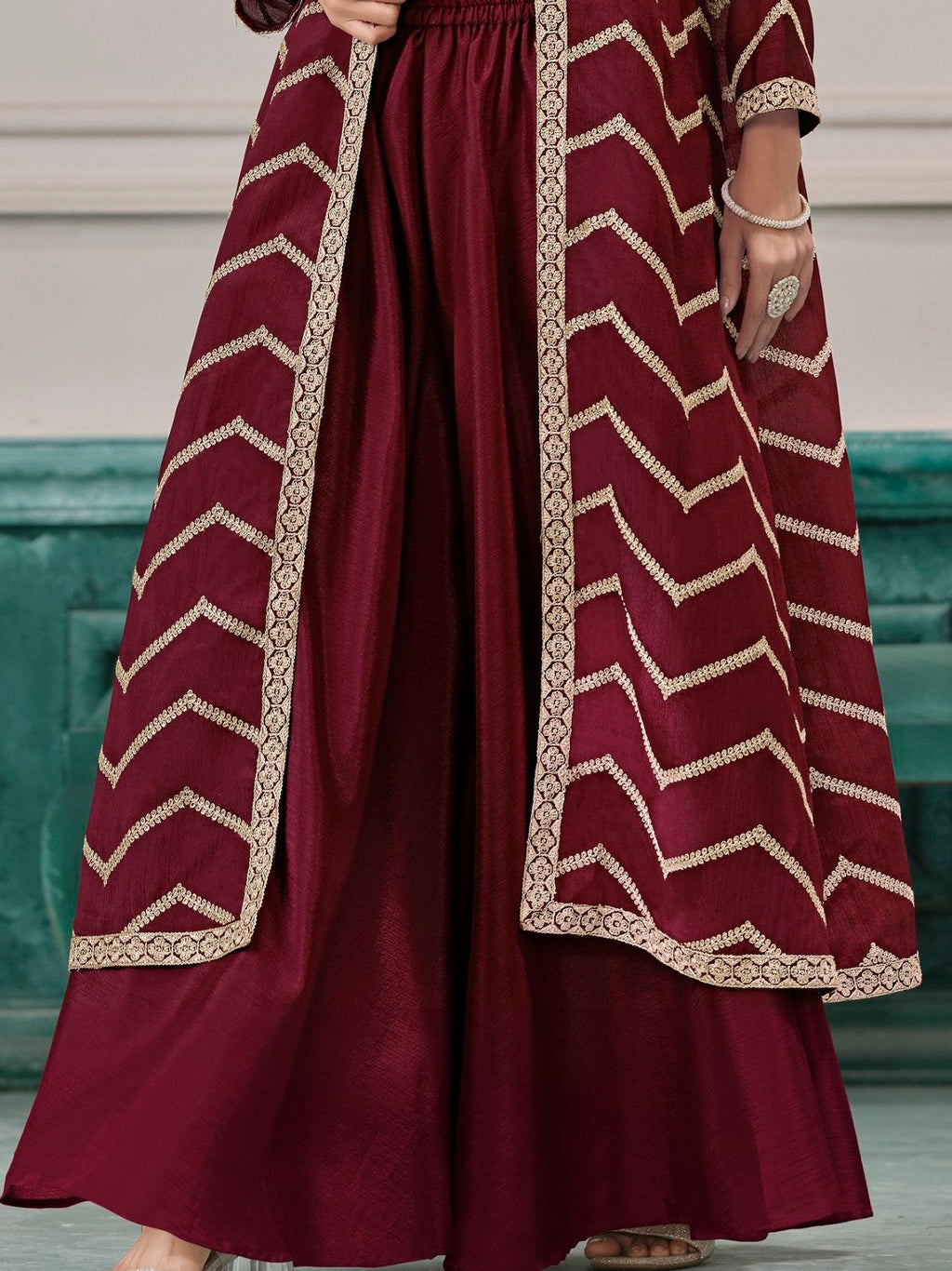 Maroon Chinon Salwar Kameez with Dori Work for Wedding, Reception, and Evening Wear
