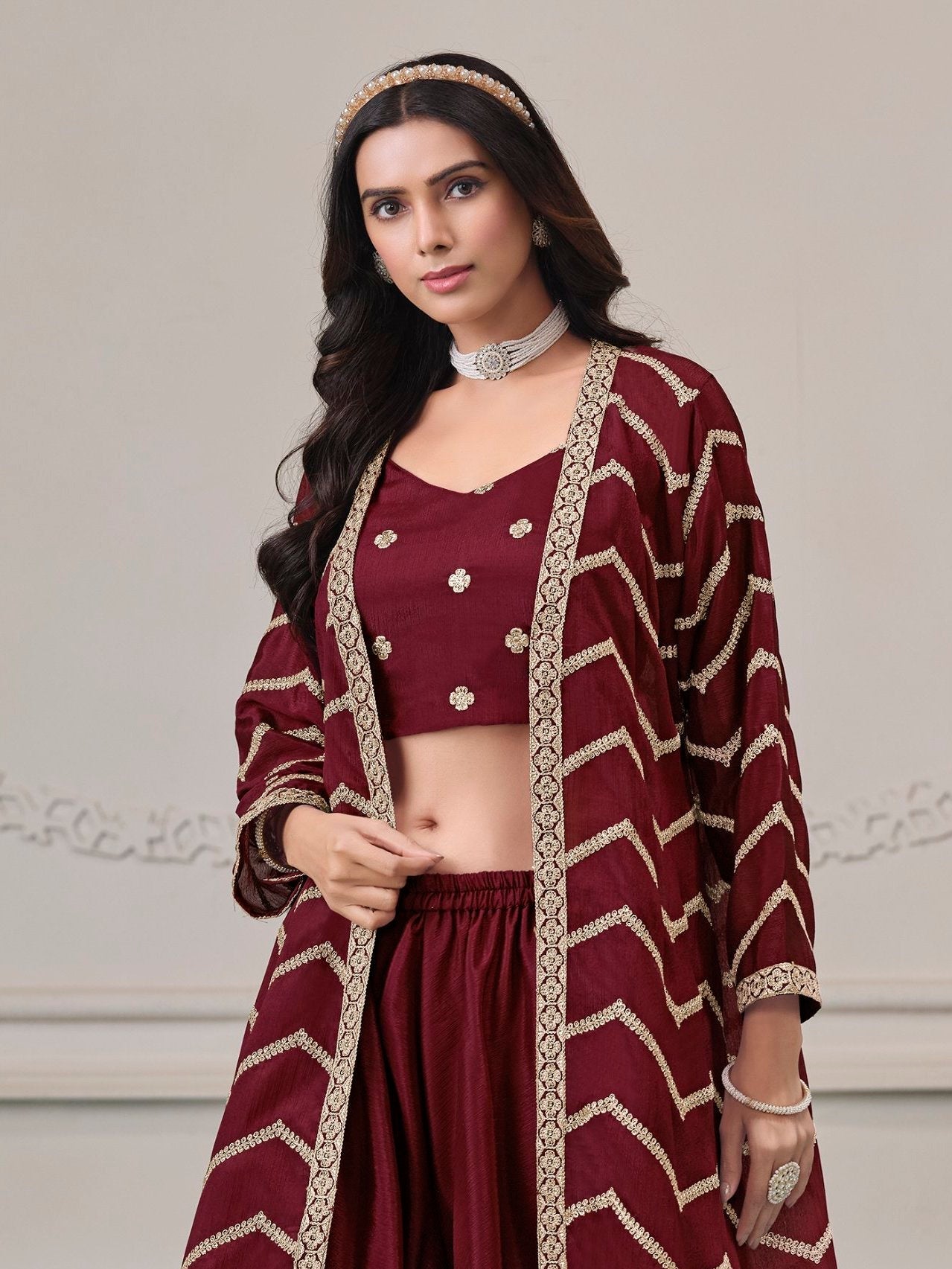 Maroon Chinon Salwar Kameez with Dori Work for Wedding, Reception, and Evening Wear