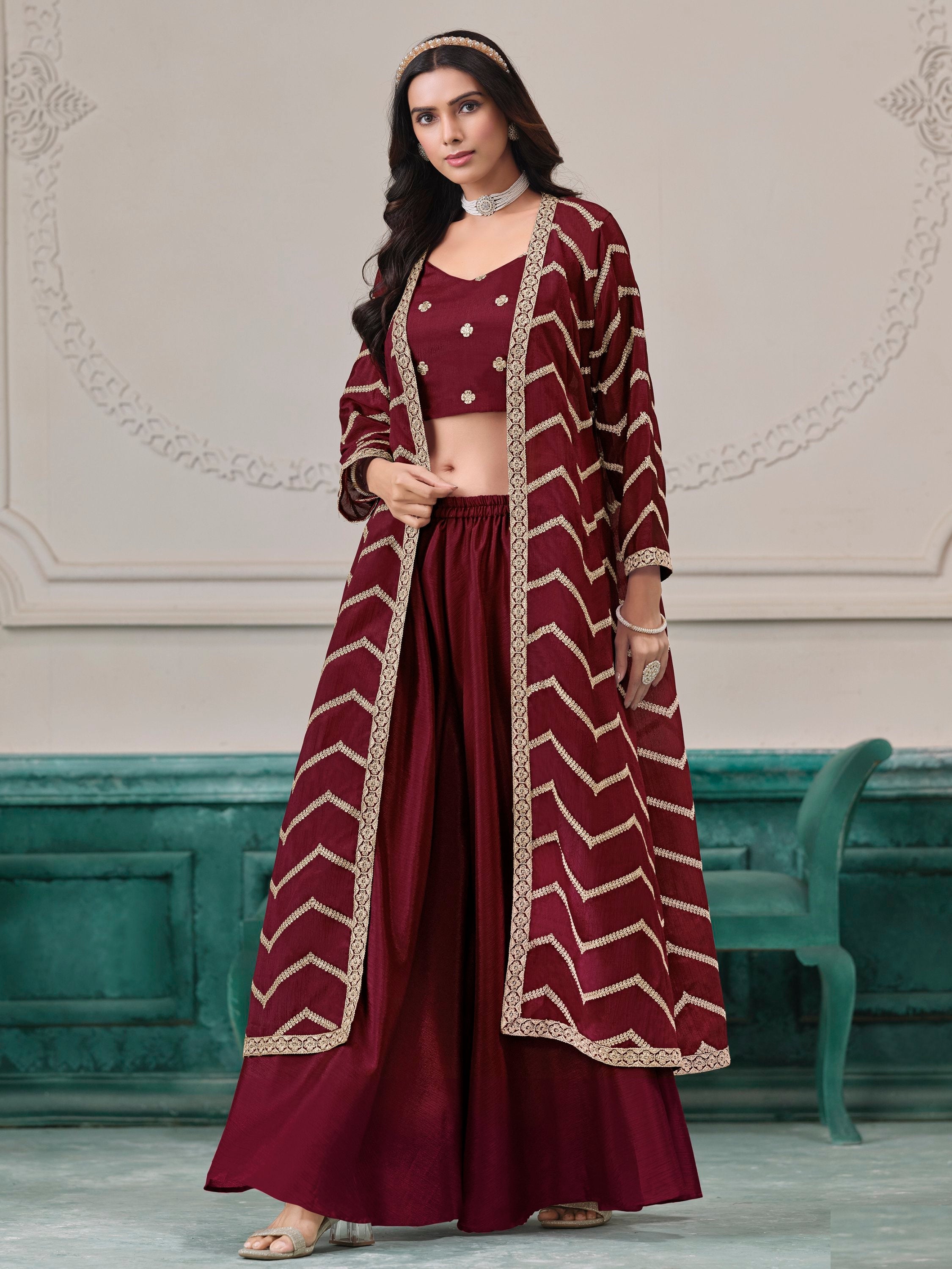 Maroon Chinon Salwar Kameez with Dori Work for Wedding, Reception, and Evening Wear