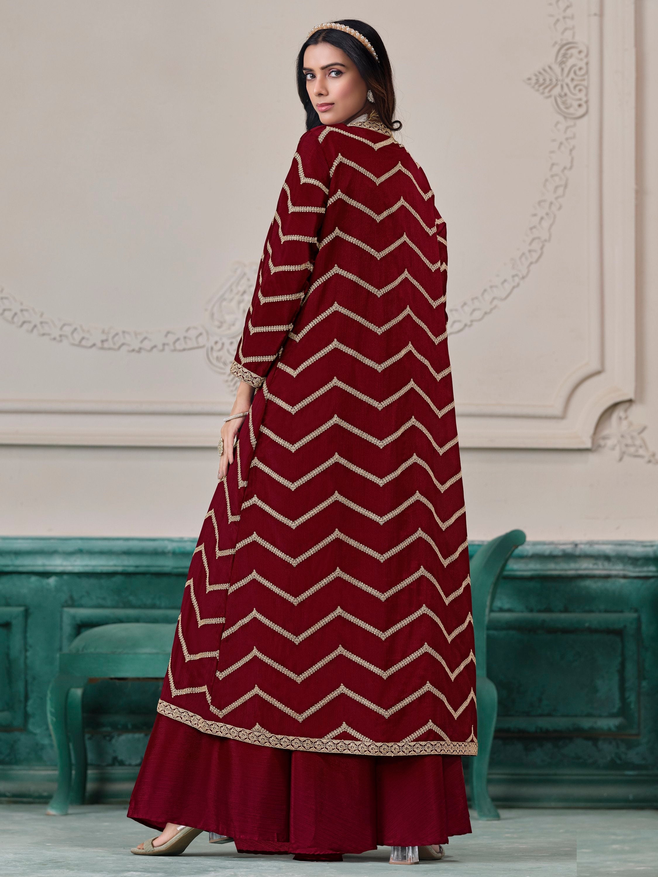 Maroon Chinon Salwar Kameez with Dori Work for Wedding, Reception, and Evening Wear