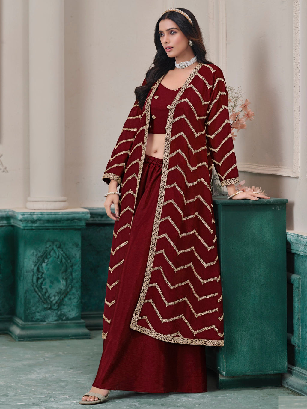 Maroon Chinon Salwar Kameez with Dori Work for Wedding, Reception, and Evening Wear
