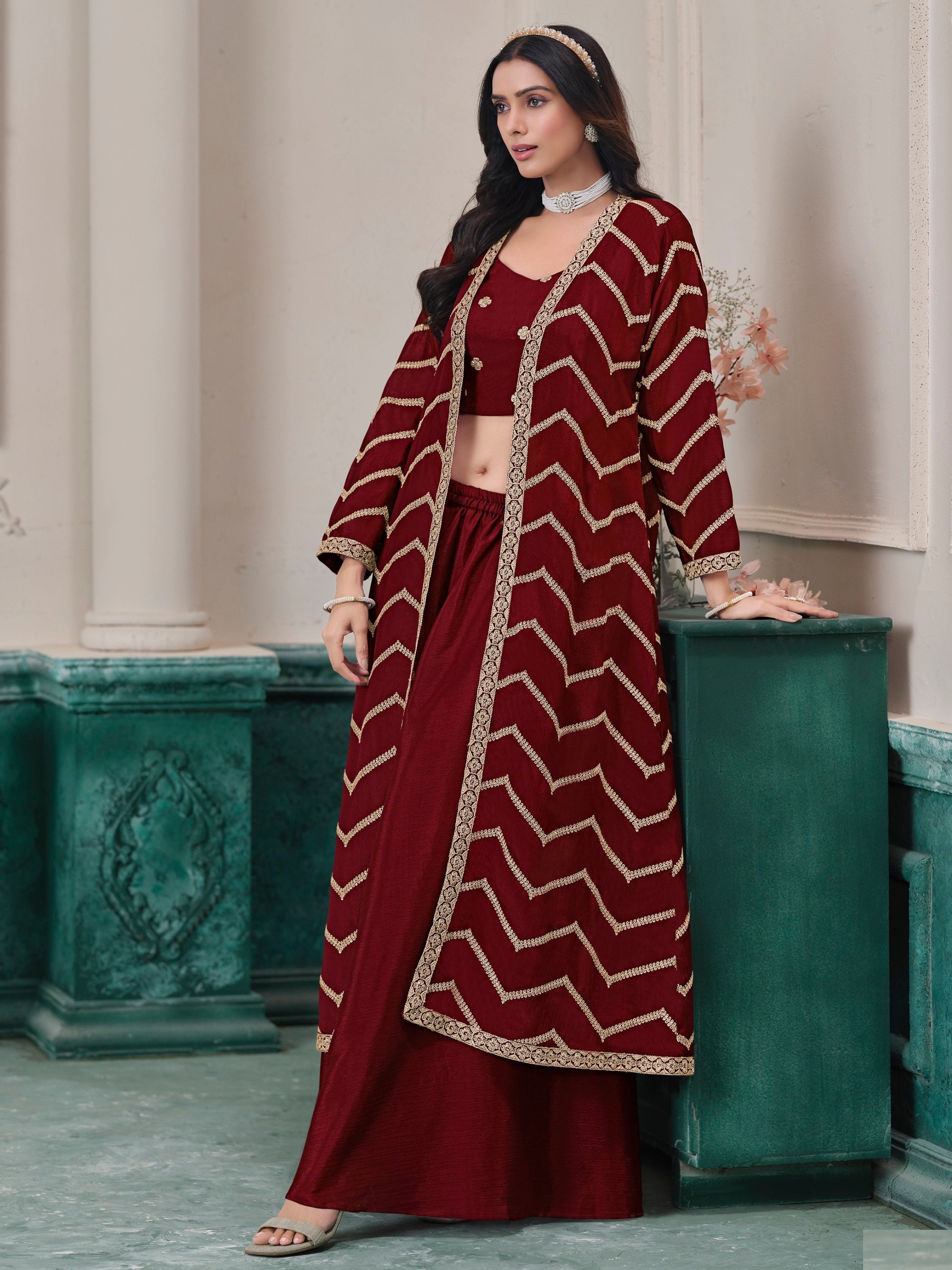 Maroon Chinon Salwar Kameez with Dori Work for Wedding, Reception, and Evening Wear