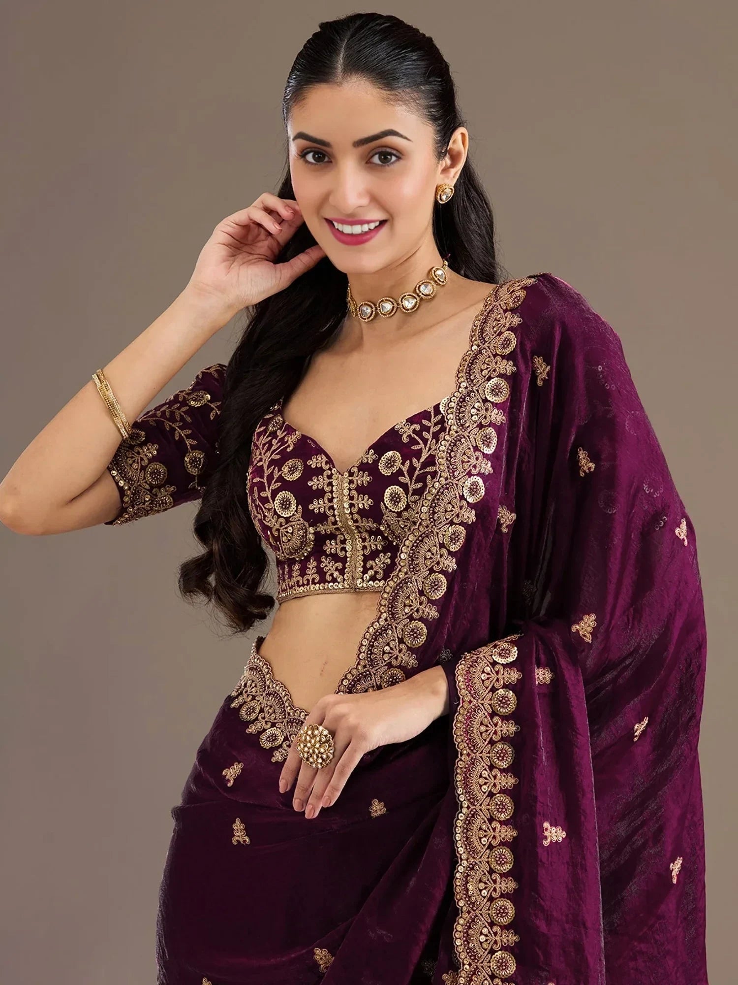 Wine Elegant Embroidered Tissue Silk Party Wear Saree With Blouse