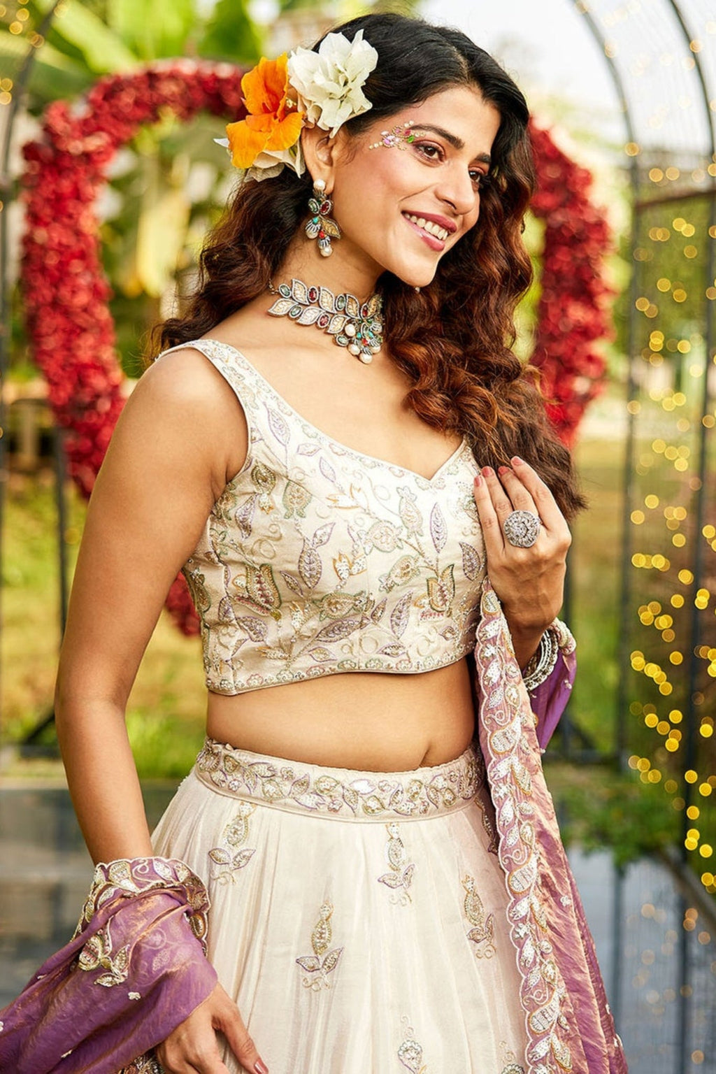 Premium Pure Tissue Ivory Cream Designer Lehenga Choli