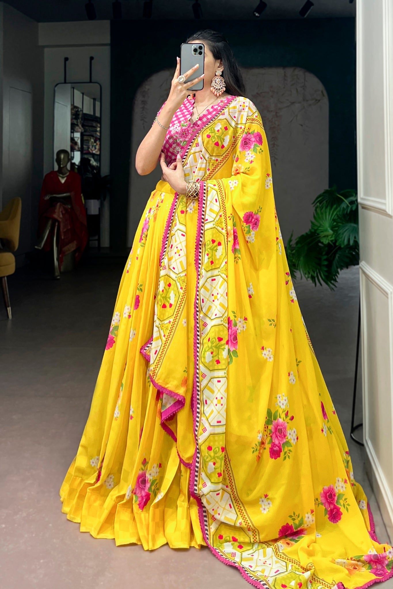 Designer Yellow Floral Georgette Lehenga Choli With Handwork Blouse & Printed Dupatta For Women