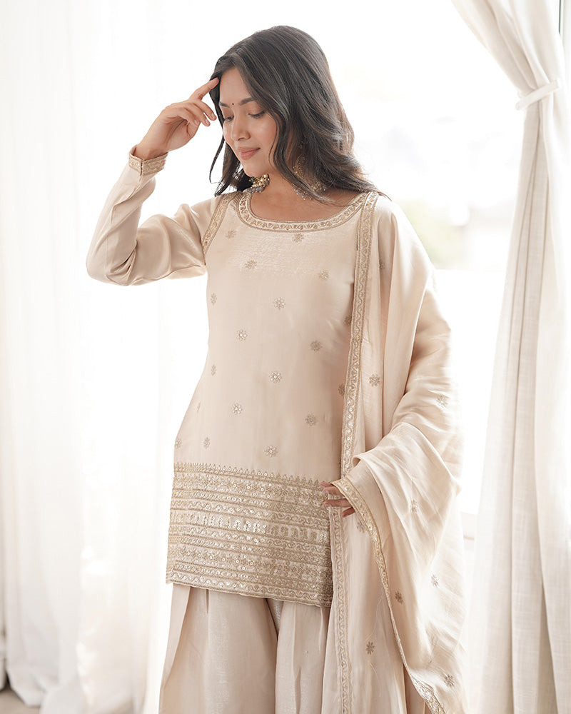 Off-White Color Roman Silk Embroidered Farshi Salwar Suit