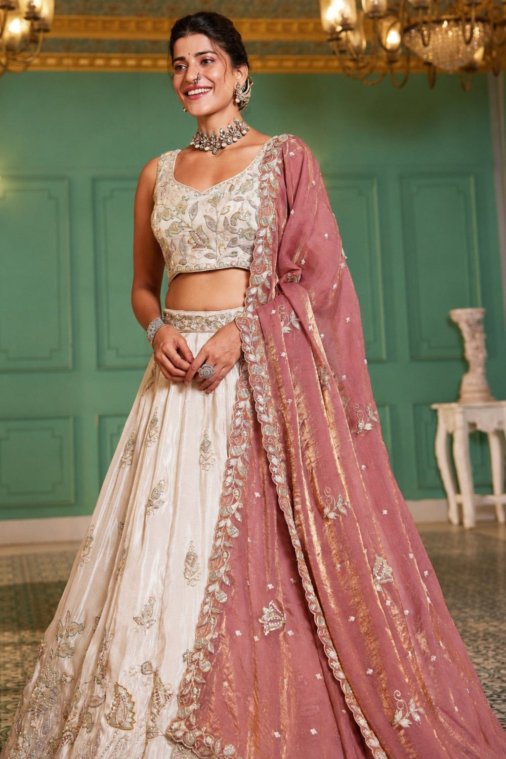 Premium Pure Tissue Ivory Cream Designer Lehenga Choli With Pink Fendi Dupatta