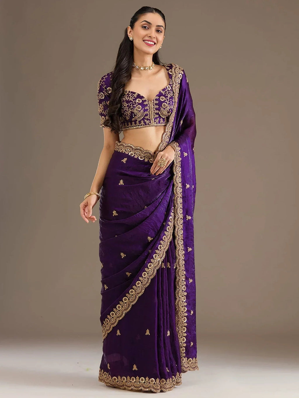 Purple Elegant Embroidered Tissue Silk Party Wear Saree With Blouse