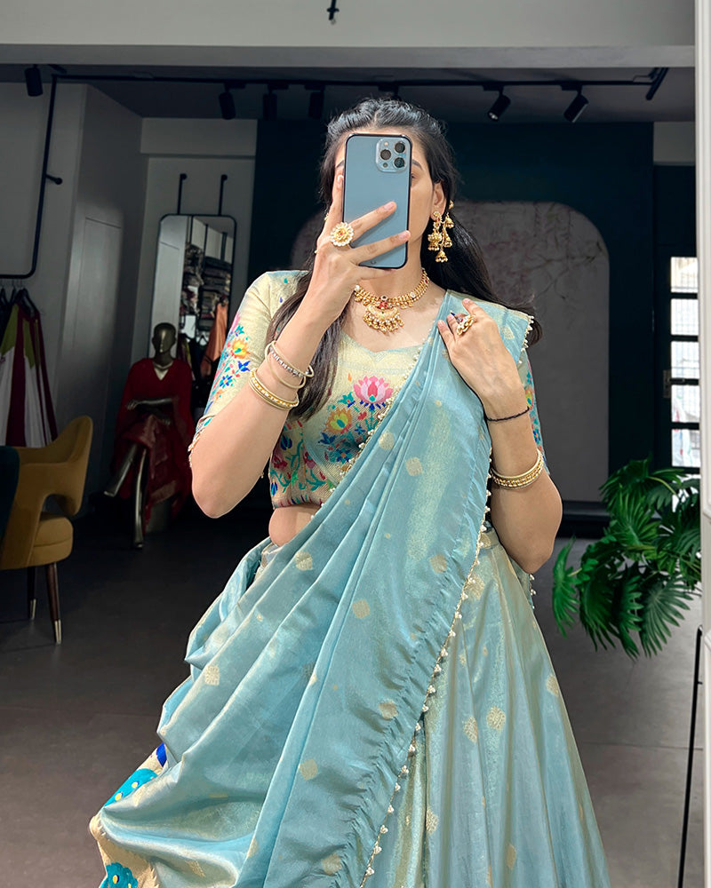 Sky Blue Shimmer Silk Designer Lehenga Set for festive celebrations and wedding occasions