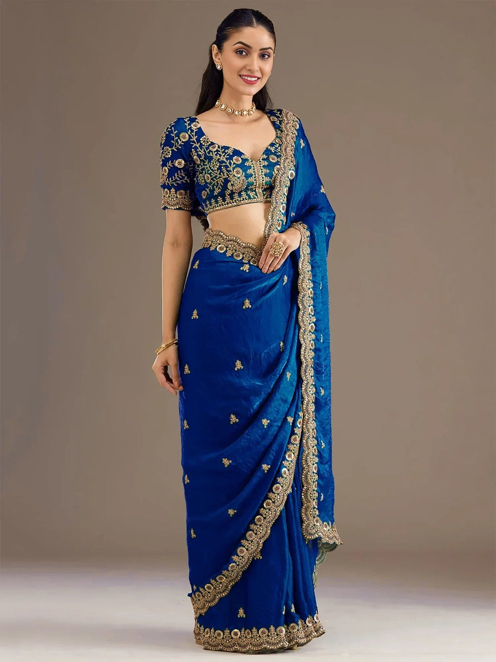 Dazzling Blue Embroidered Silk Festive Wear Saree With Blouse