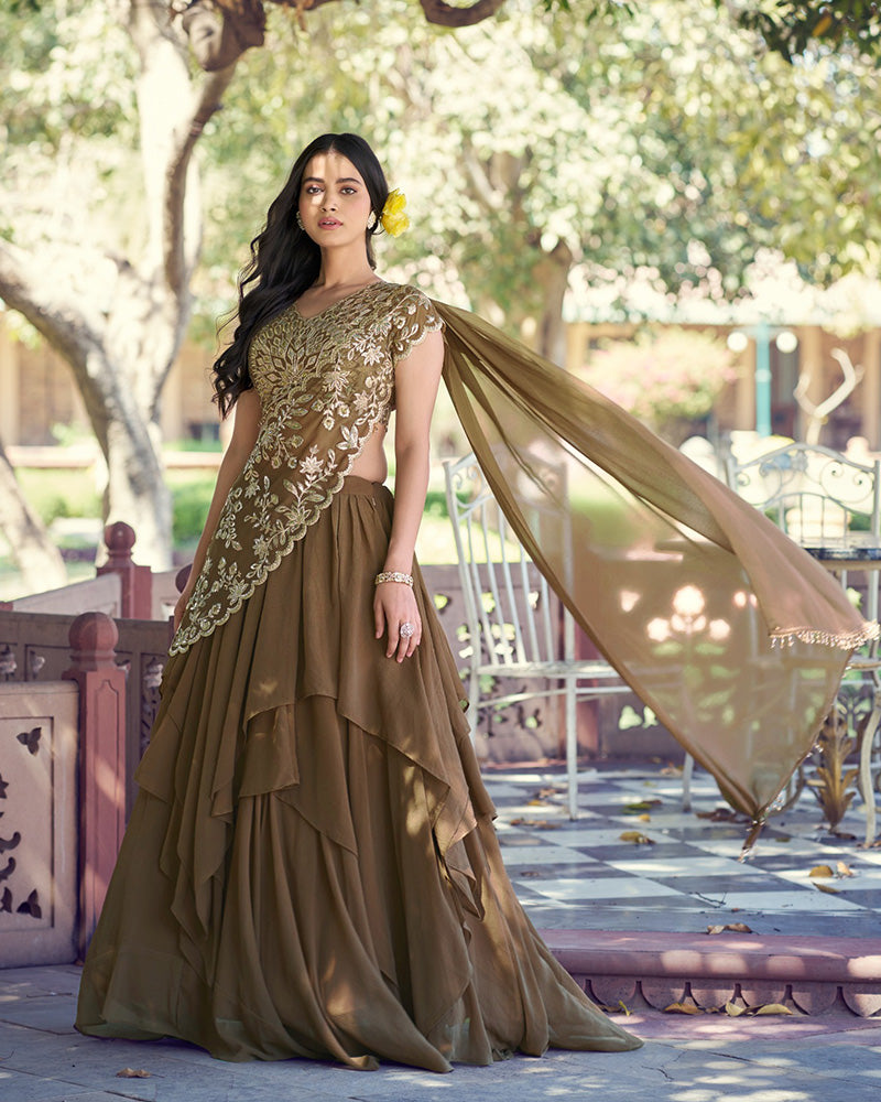 Coffee Color Marble Sequence Embroidered Lehenga Choli