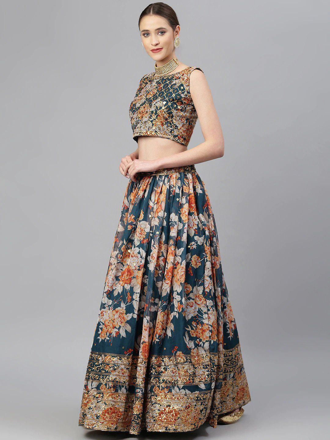 Blue & Peach-Coloured Embellished Sequinned Semi-Stitched Myntra Lehenga & Unstitched Blouse