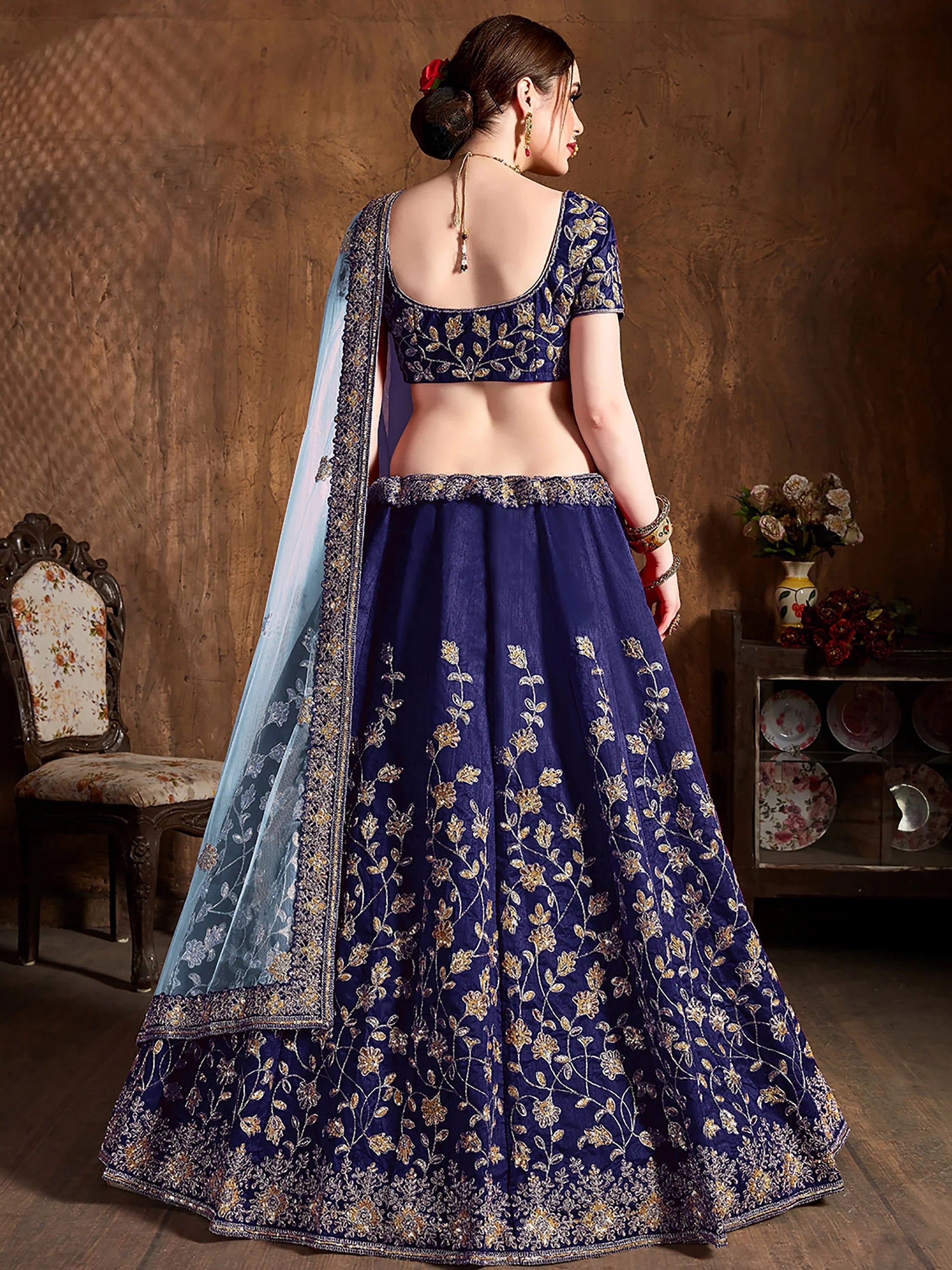 Blue Sequins Raw Silk Bridal Lehenga Choli With Dupatta