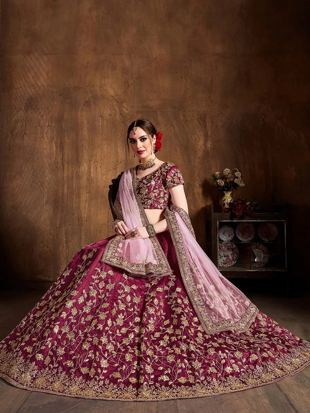Awesome Maroon Embroidered Silk Wedding Wear Plus Size Lehenga Choli