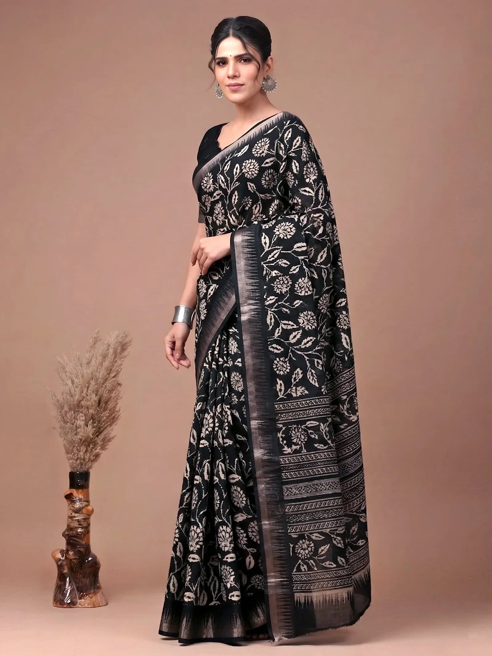 Black Majestic Floral Printed Silk Casual Wear Saree With Blouse